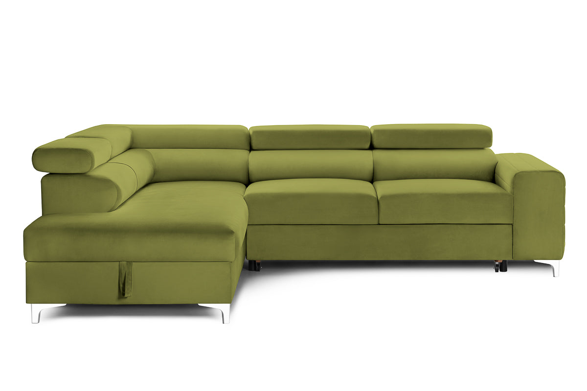 Colțar Extensibil TIME, cu lada depozitare, tetiere reglabile, 285x220x95 cm, #color_Verde-Olive-Velluto