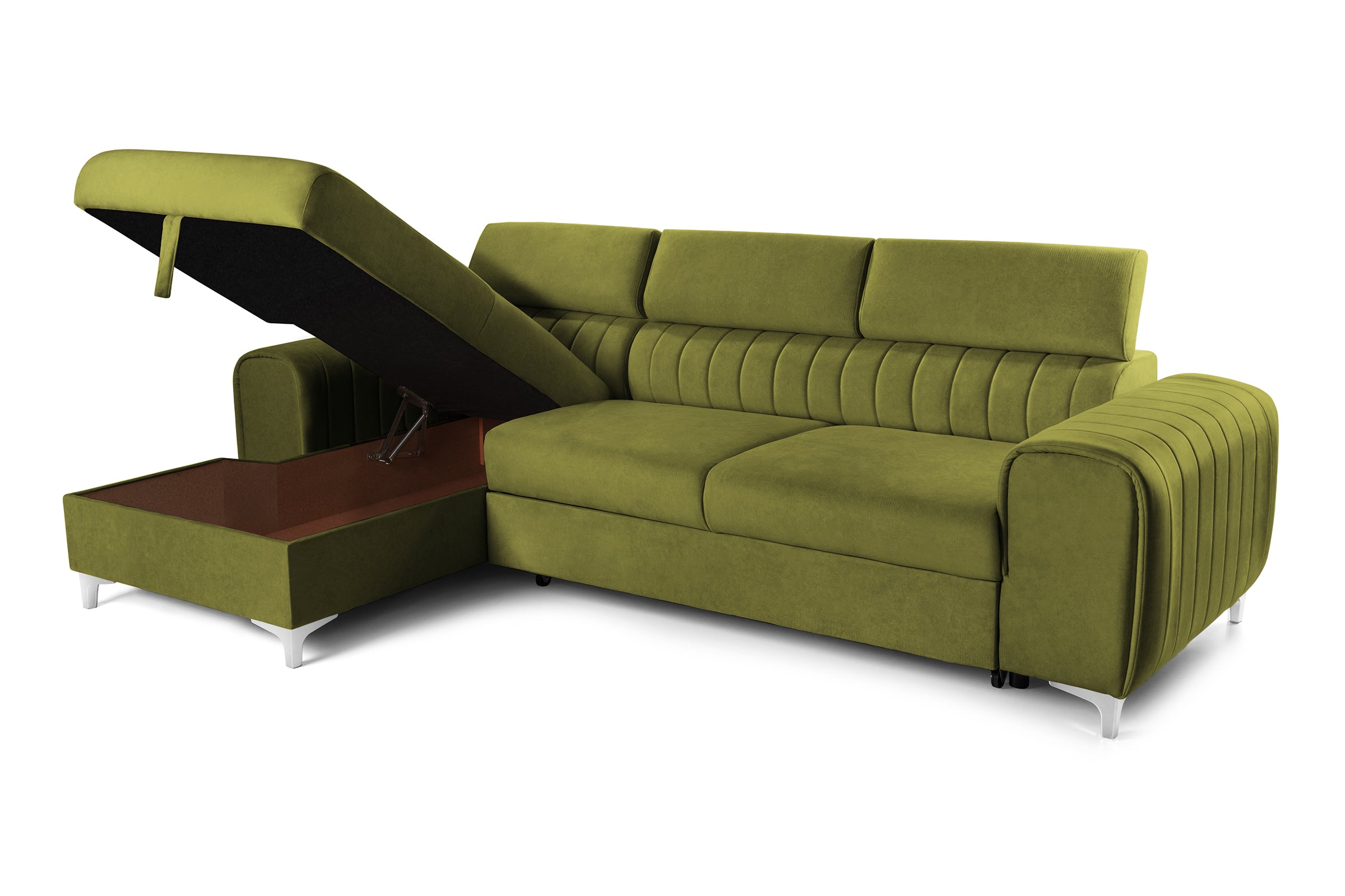 Colțar Extensibil LOFT, cu lada depozitare, tetiere reglabile, 295x170x95 cm, #color_Verde-Olive-Velluto