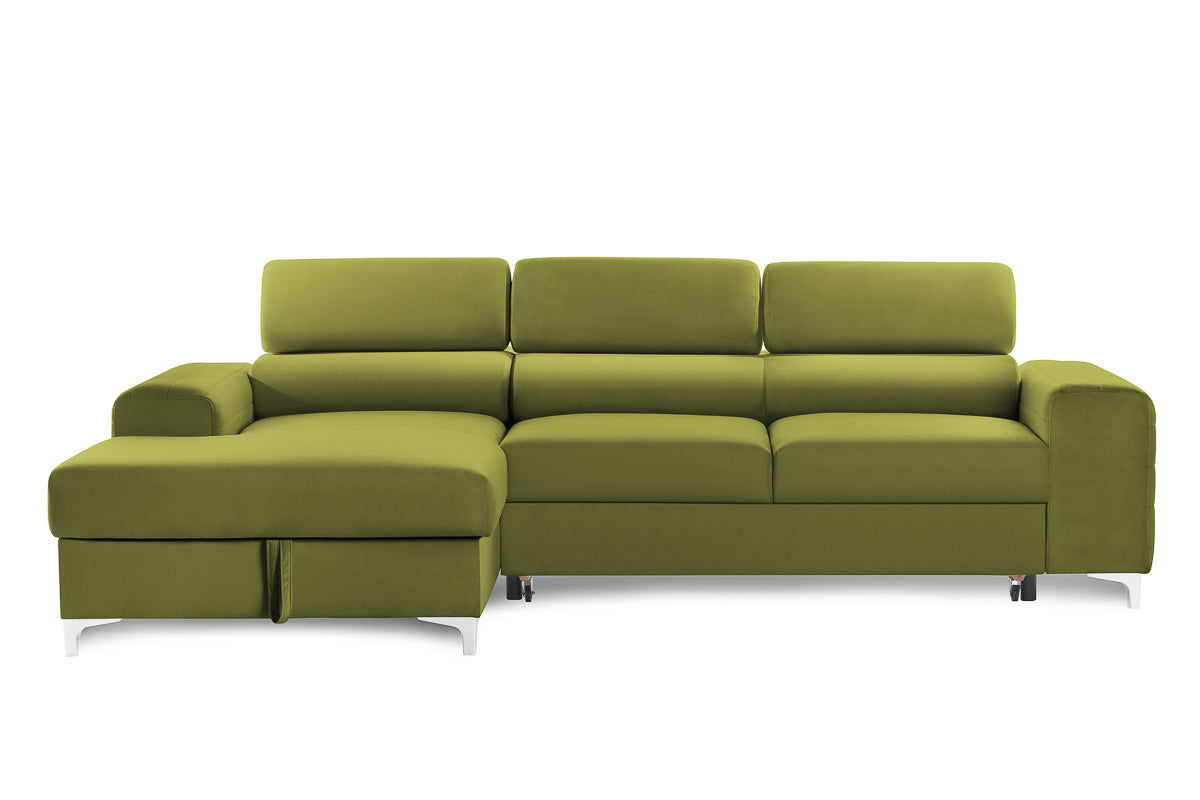 Colțar Extensibil LOFT, cu lada depozitare, tetiere reglabile, 295x170x95 cm, #color_Verde-Olive-Velluto