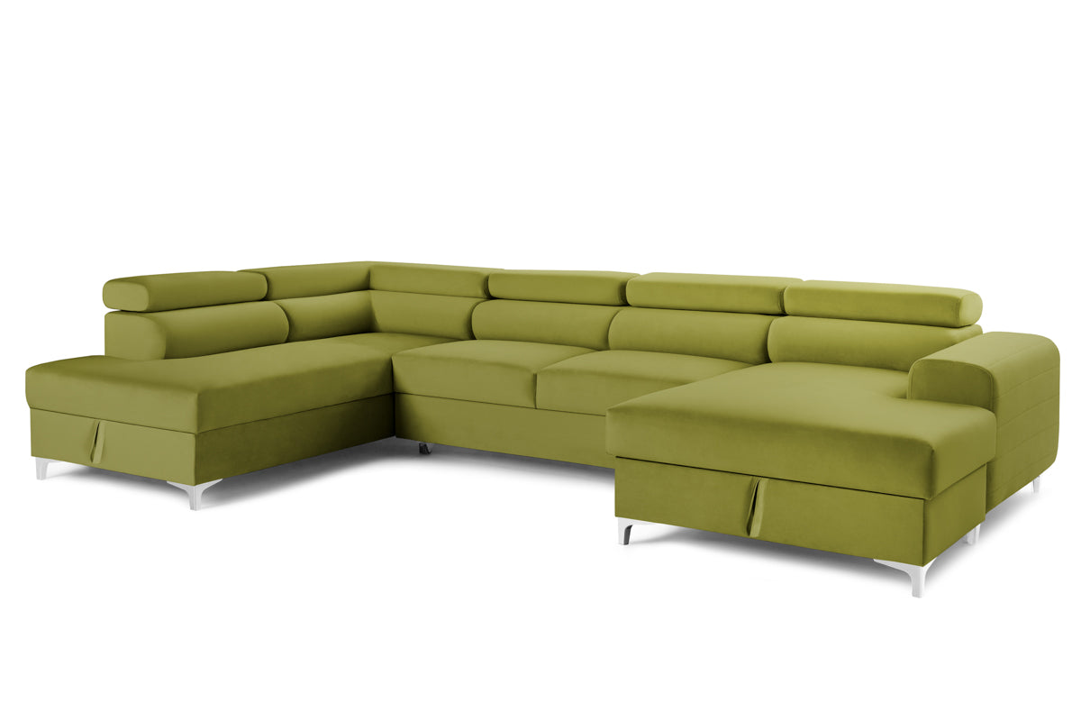Colțar Extensibil, în formă de U, TIME, cu 2 lăzi de depozitare, cu tetiere reglabile, 360x220x95 cm #color_Verde-Olive-Velluto