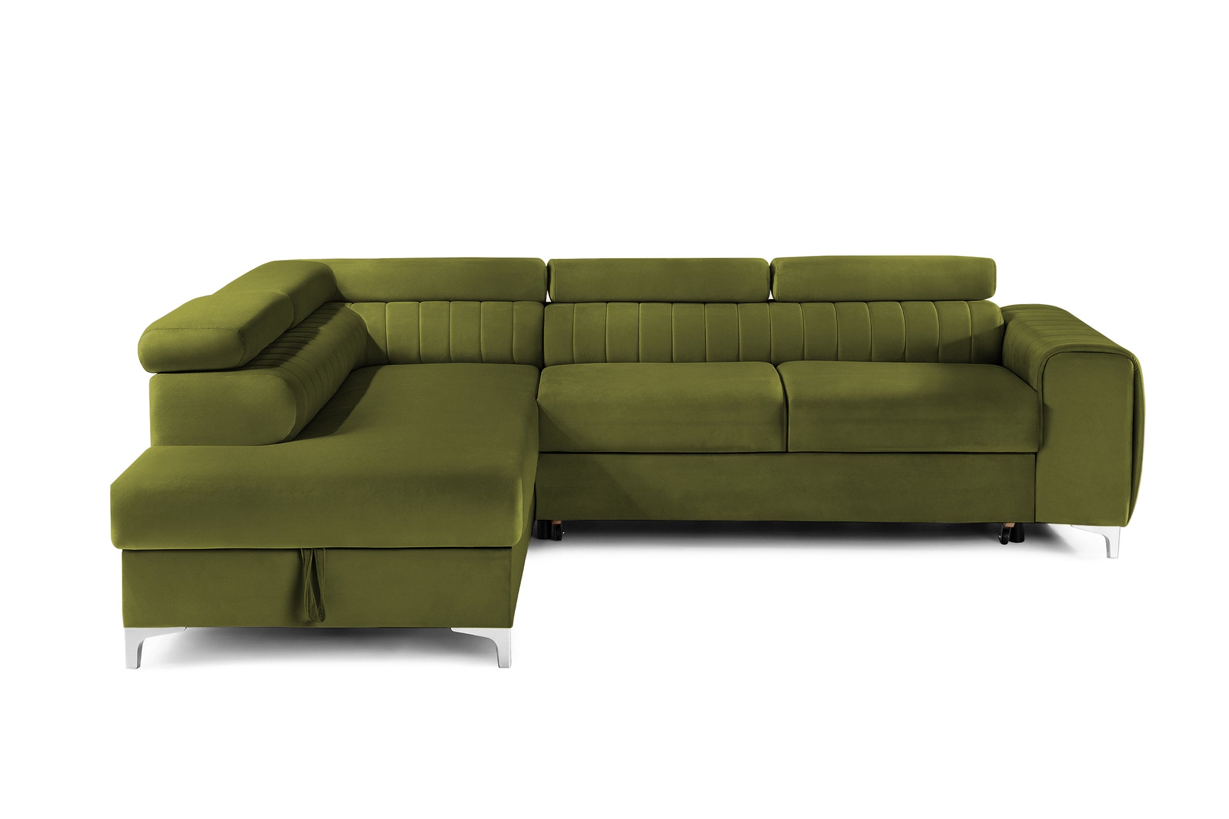 Colțar Extensibil TIME, cu lada depozitare, tetiere reglabile, 285x220x95 cm, #color_Verde-Olive-Velluto