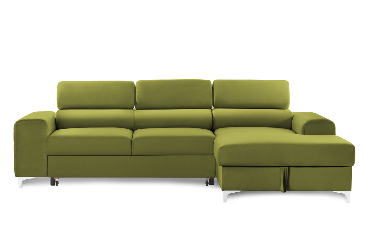Colțar Extensibil LOFT, cu lada depozitare, tetiere reglabile, 295x170x95 cm, #color_Verde-Olive-Velluto