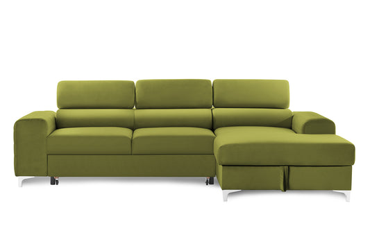 Colțar Extensibil LOFT, cu lada depozitare, tetiere reglabile, 295x170x95 cm, #color_Verde-Olive-Velluto
