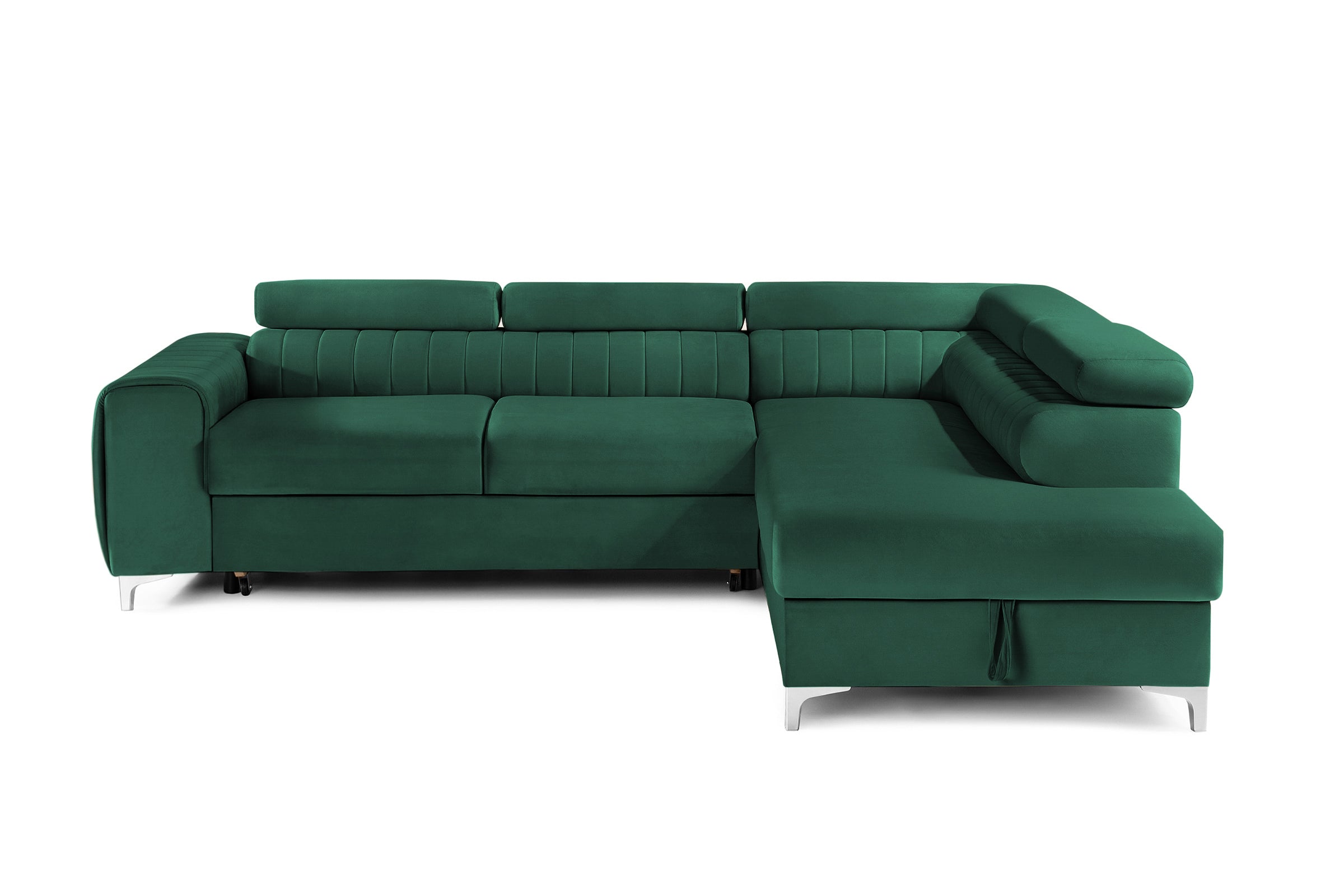 Colțar Extensibil TIME, cu lada depozitare, tetiere reglabile, 285x220x95 cm, #color_Verde-Padure-Velluto