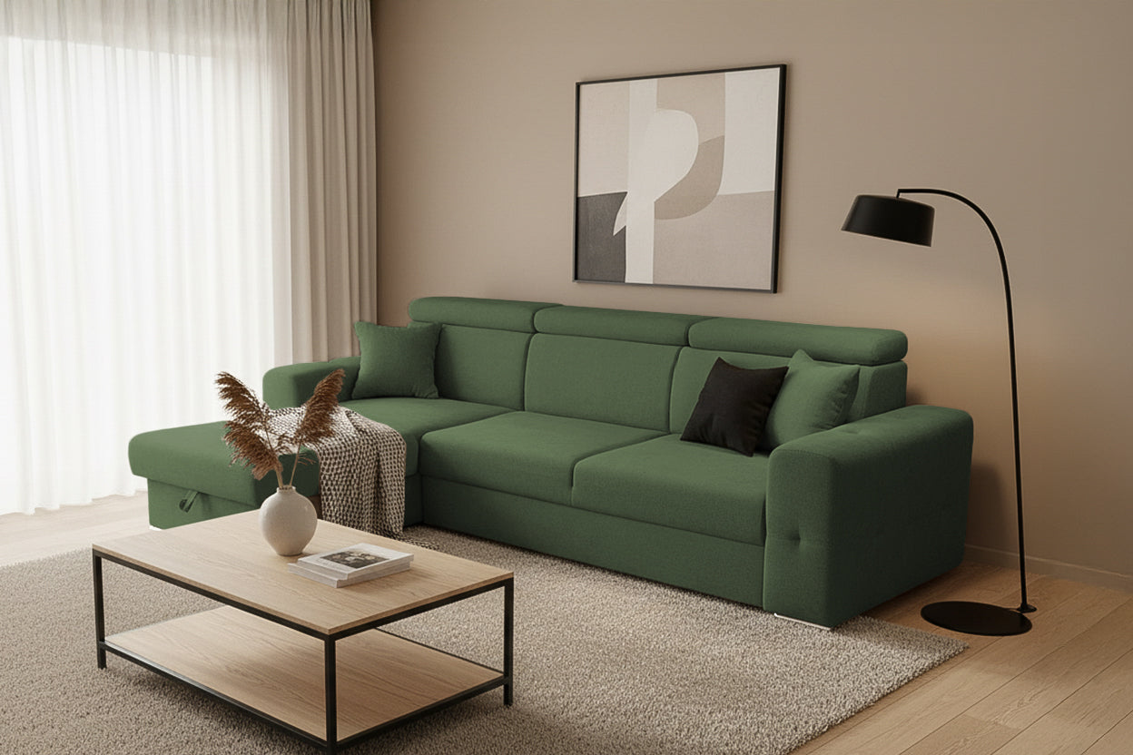 Coltar Extensibil BELLAGIO, sezlong interschimbabil, cu lada de depozitare, cu tetiere, 275x170x85 cm - Prestigehome.ro - Coltare - Prestige - #color_Verde-Enjoy