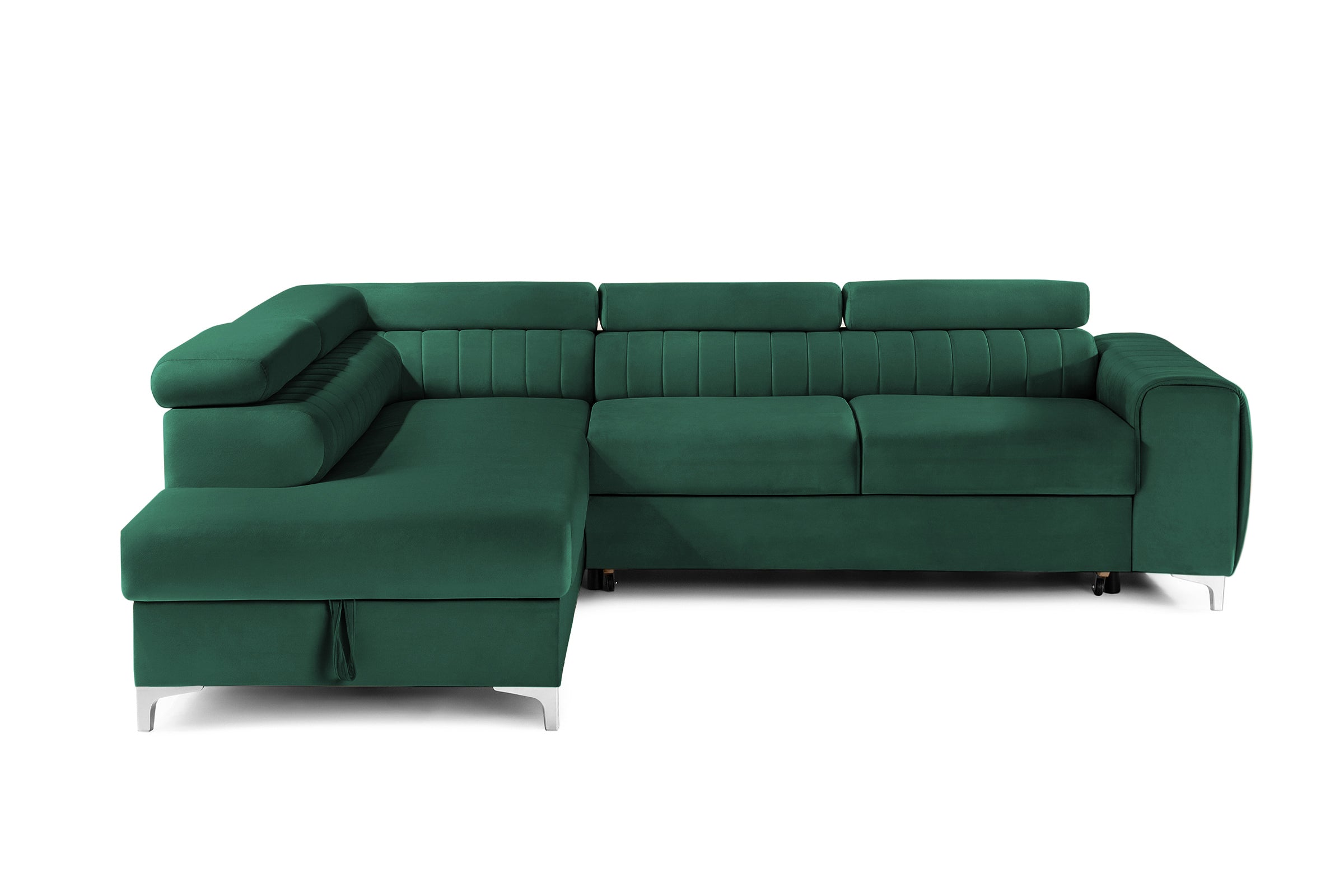 Colțar Extensibil TIME, cu lada depozitare, tetiere reglabile, 285x220x95 cm, #color_Verde-Padure-Velluto