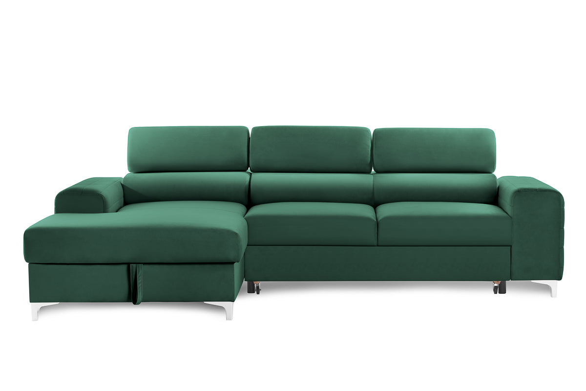 Colțar Extensibil LOFT, cu lada depozitare, tetiere reglabile, 295x170x95 cm, #color_Verde-Padure-Velluto