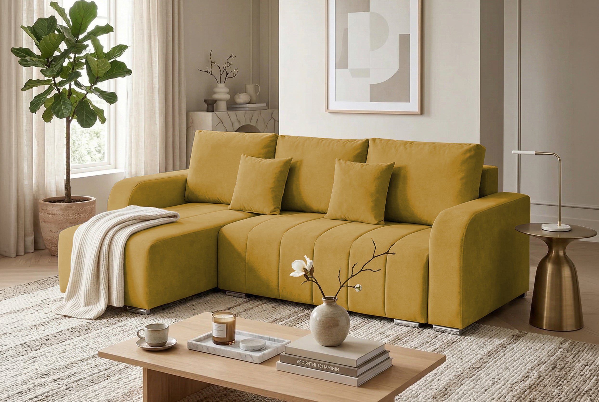 Colțar Extensibil DIEGO, cu lada depozitare, sezlong interschimbabil, 230x190x93cm, Prestigehome.ro, #color_Galben-Olive-Whisper