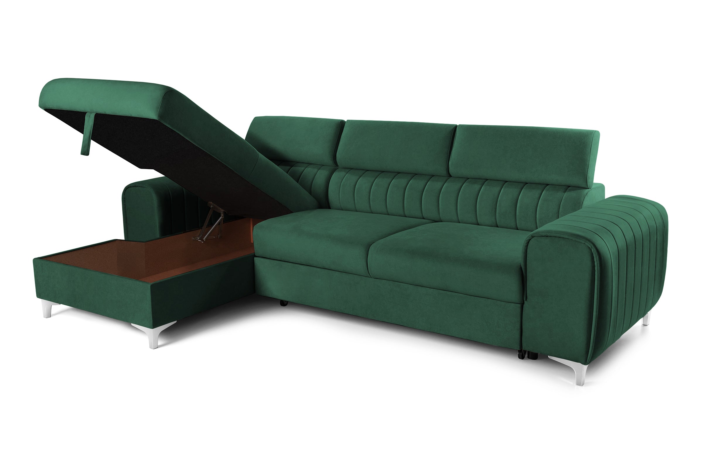 Colțar Extensibil LOFT, cu lada depozitare, tetiere reglabile, 295x170x95 cm, #color_Verde-Padure-Velluto