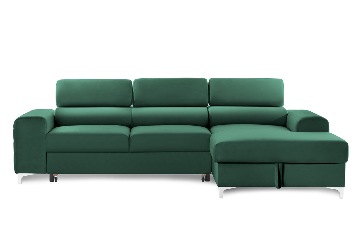 Colțar Extensibil LOFT, cu lada depozitare, tetiere reglabile, 295x170x95 cm, #color_Verde-Padure-Velluto