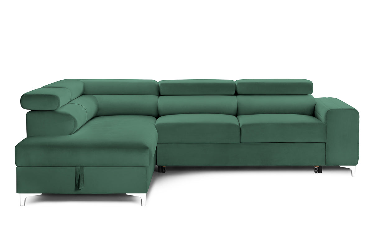 Colțar Extensibil TIME, cu lada depozitare, tetiere reglabile, 285x220x95 cm, #color_Verde-Padure-Velluto