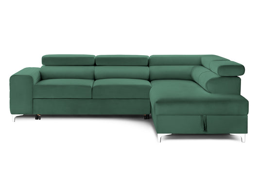 Colțar Extensibil TIME, cu lada depozitare, tetiere reglabile, 285x220x95 cm, #color_Verde-Padure-Velluto