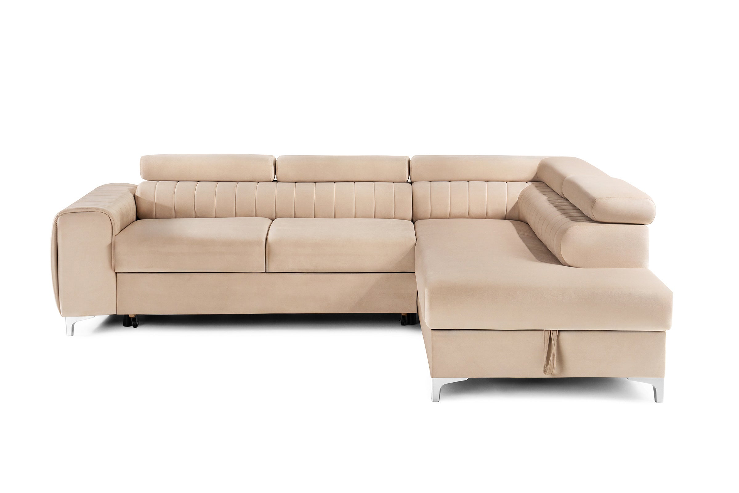 Colțar Extensibil TIME, cu lada depozitare, tetiere reglabile, 285x220x95 cm, #color_Bej-Velluto
