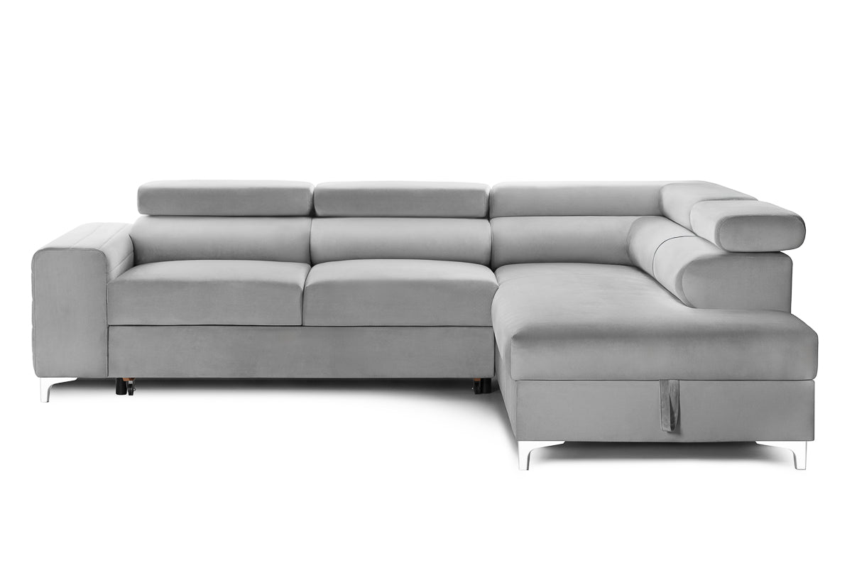 Colțar Extensibil TIME, cu lada depozitare, tetiere reglabile, 285x220x95 cm, #color_Gri-Silver-Velluto