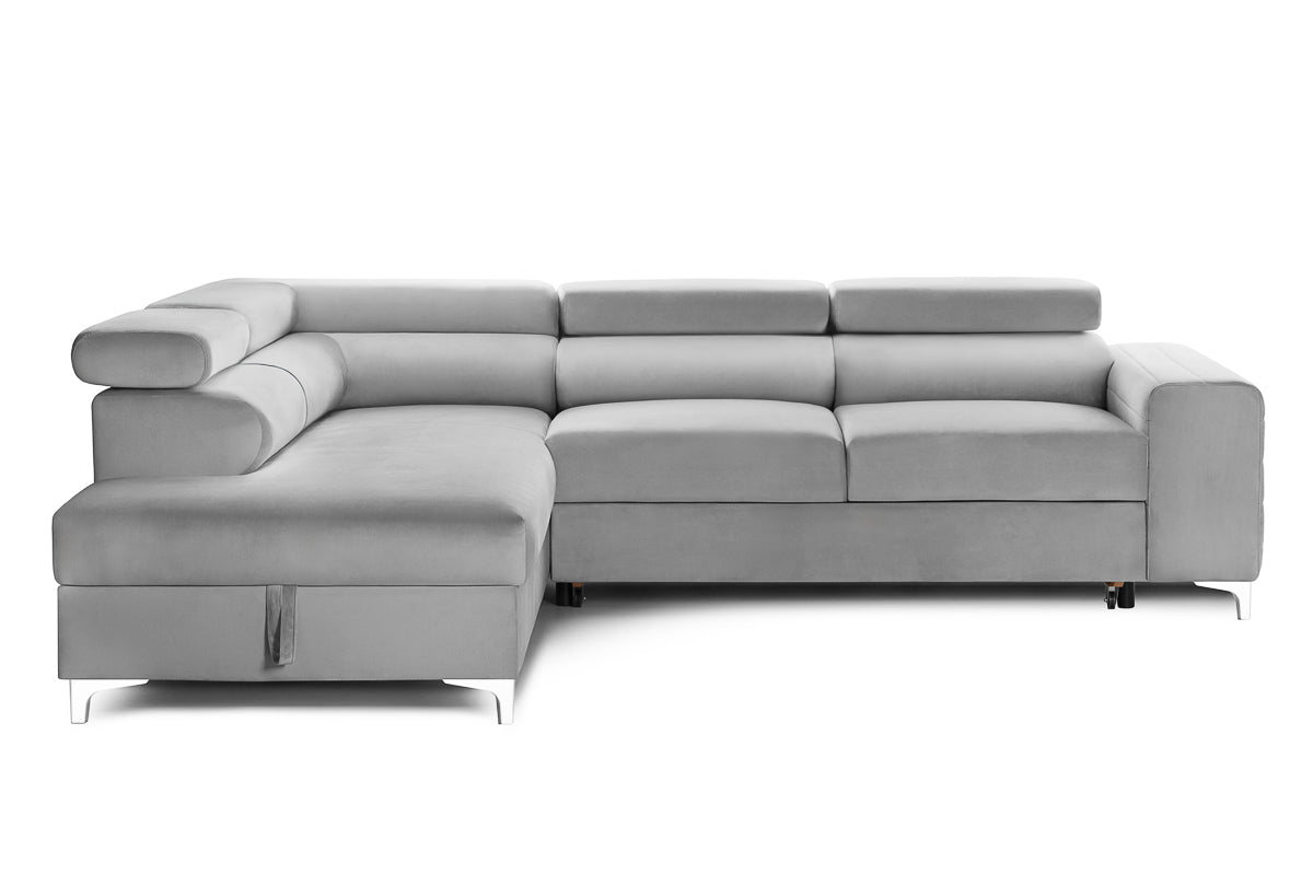 Colțar Extensibil TIME, cu lada depozitare, tetiere reglabile, 285x220x95 cm, #color_Gri-Silver-Velluto