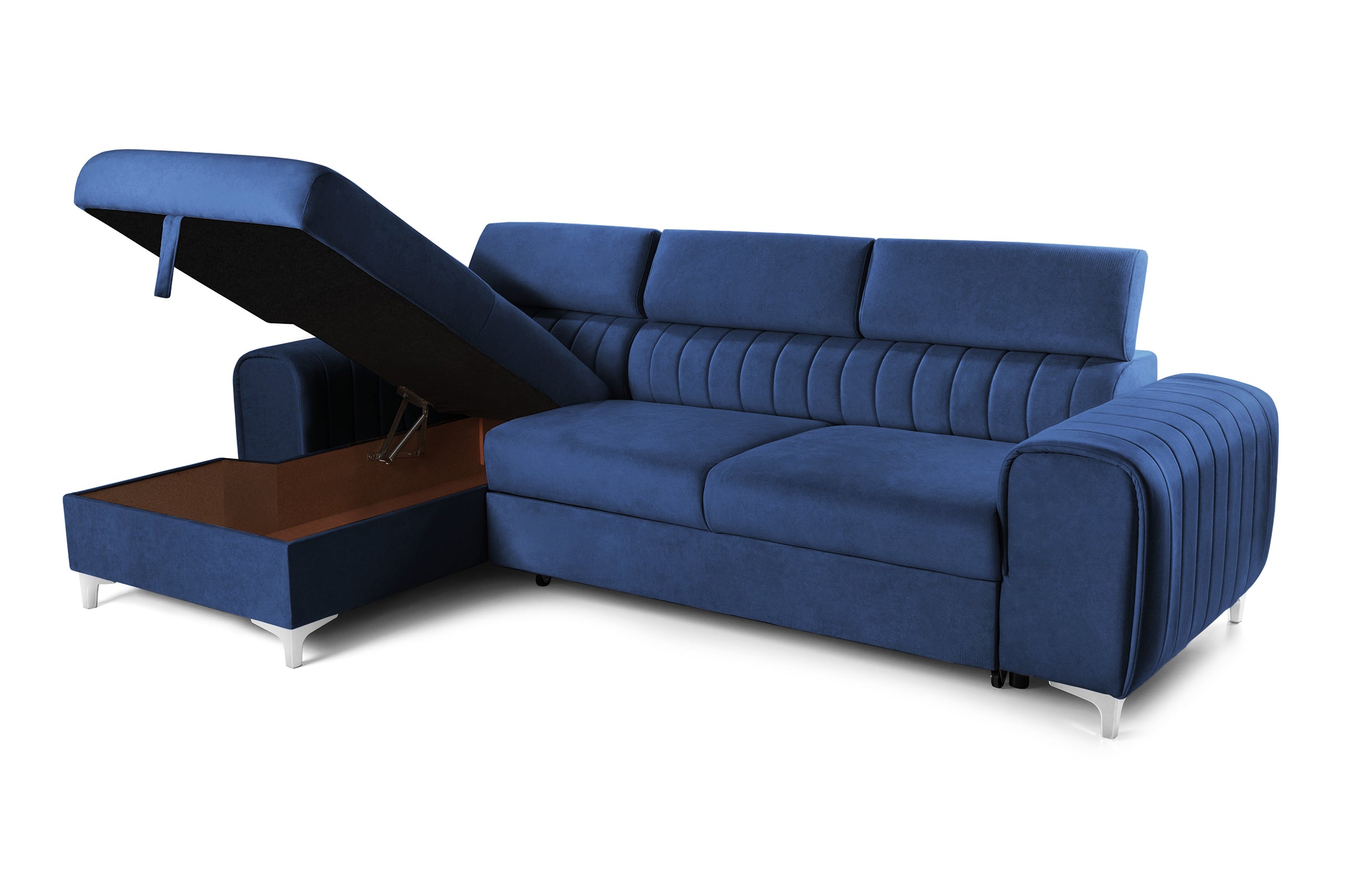 Colțar Extensibil LOFT, cu lada depozitare, tetiere reglabile, 295x170x95 cm, #color_Albastru-Velluto