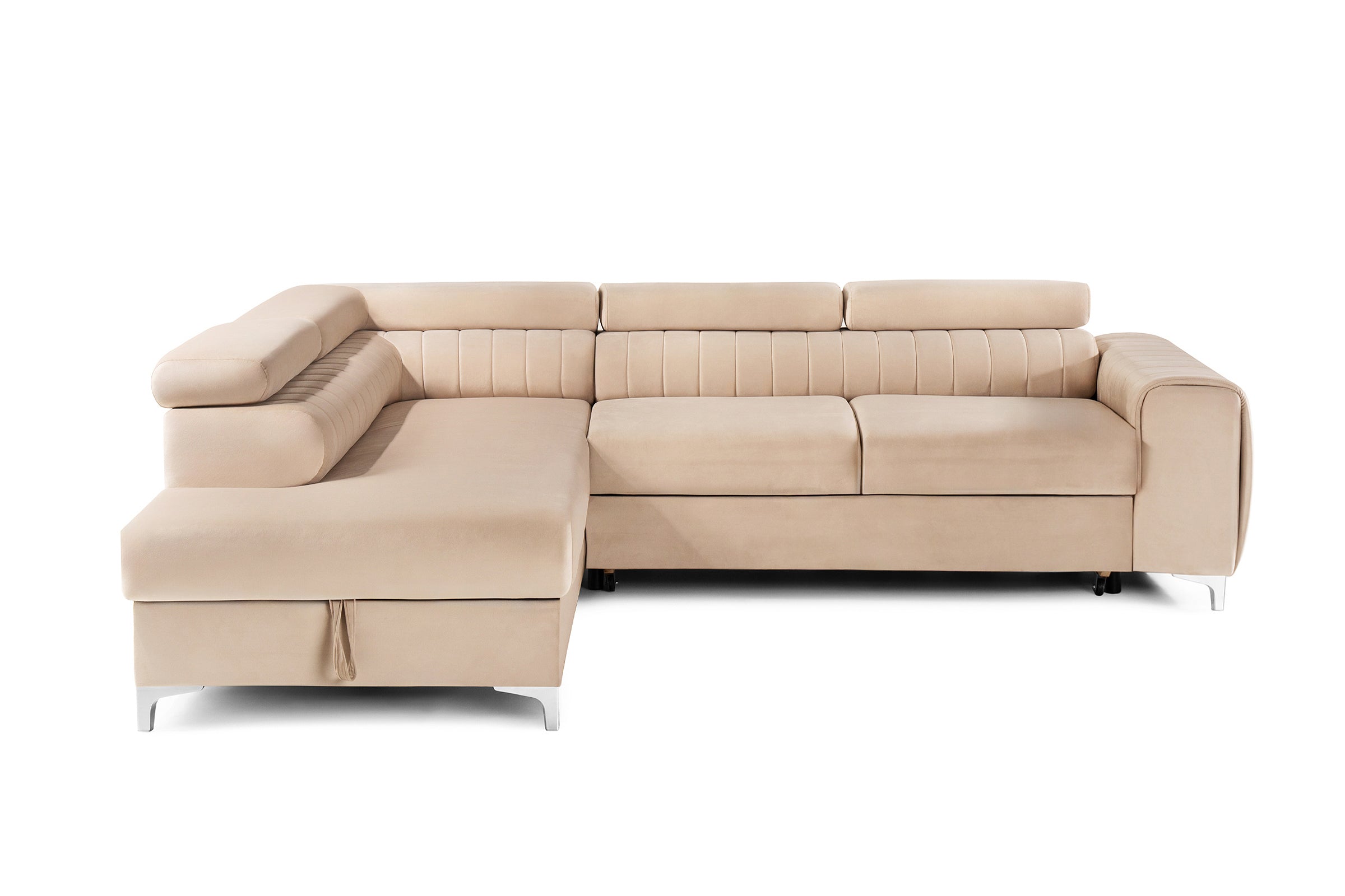Colțar Extensibil TIME, cu lada depozitare, tetiere reglabile, 285x220x95 cm, #color_Bej-Velluto