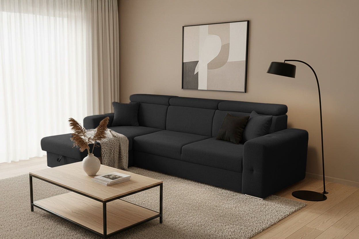 Coltar Extensibil BELLAGIO, sezlong interschimbabil, cu lada de depozitare, cu tetiere, 275x170x85 cm - Prestigehome.ro - Coltare - Prestige - #color_negru-enjoy