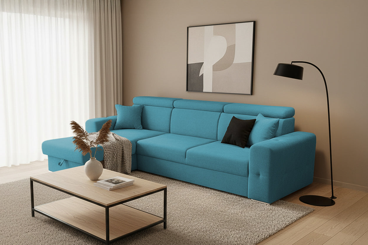 Coltar Extensibil BELLAGIO, sezlong interschimbabil, cu lada de depozitare, cu tetiere, 275x170x85 cm - Prestigehome.ro - Coltare - Prestige - #color_turcoaz-enjoy