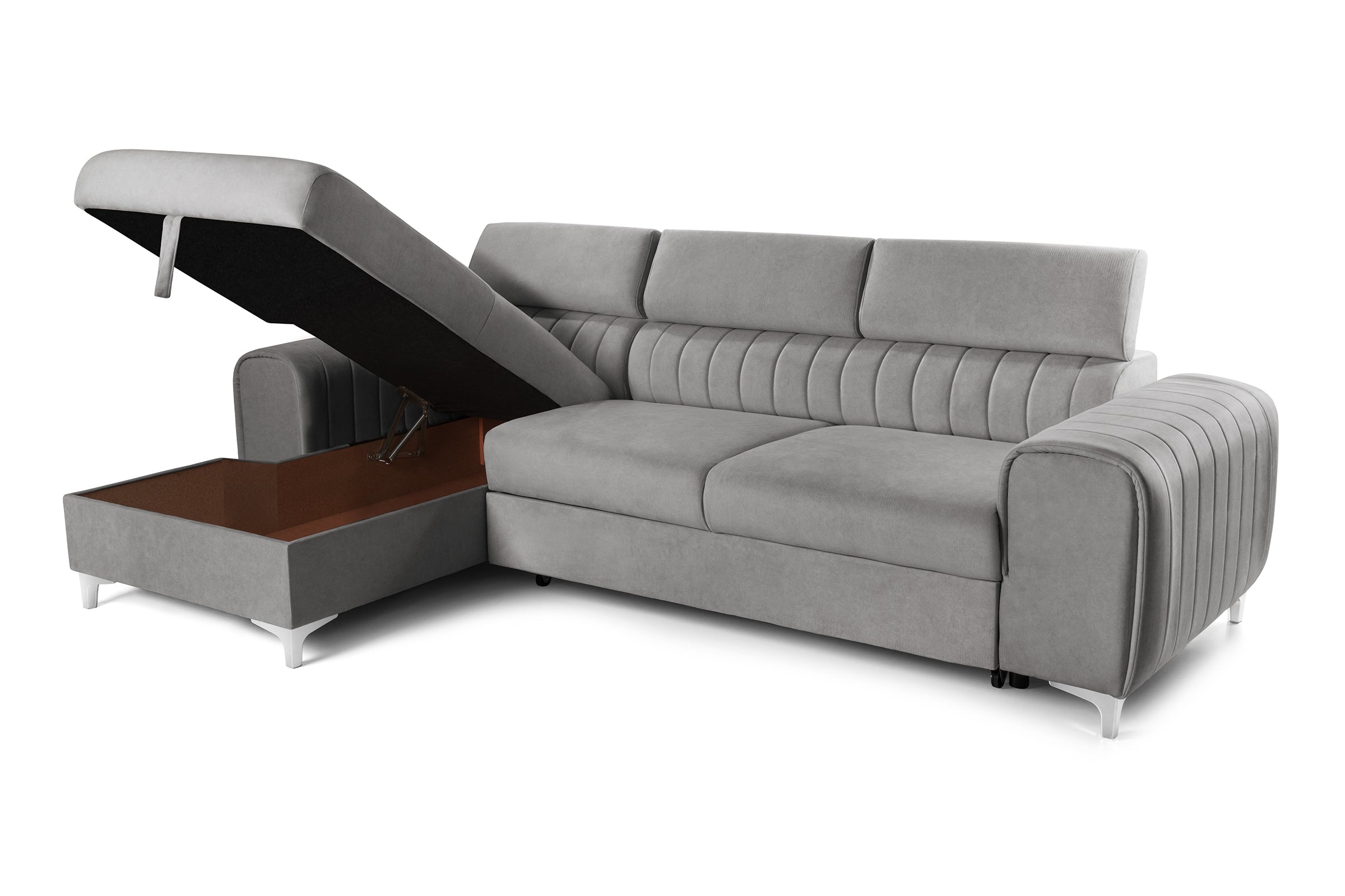 Colțar Extensibil LOFT, cu lada depozitare, tetiere reglabile, 295x170x95 cm, #color_Gri-Silver-Velluto
