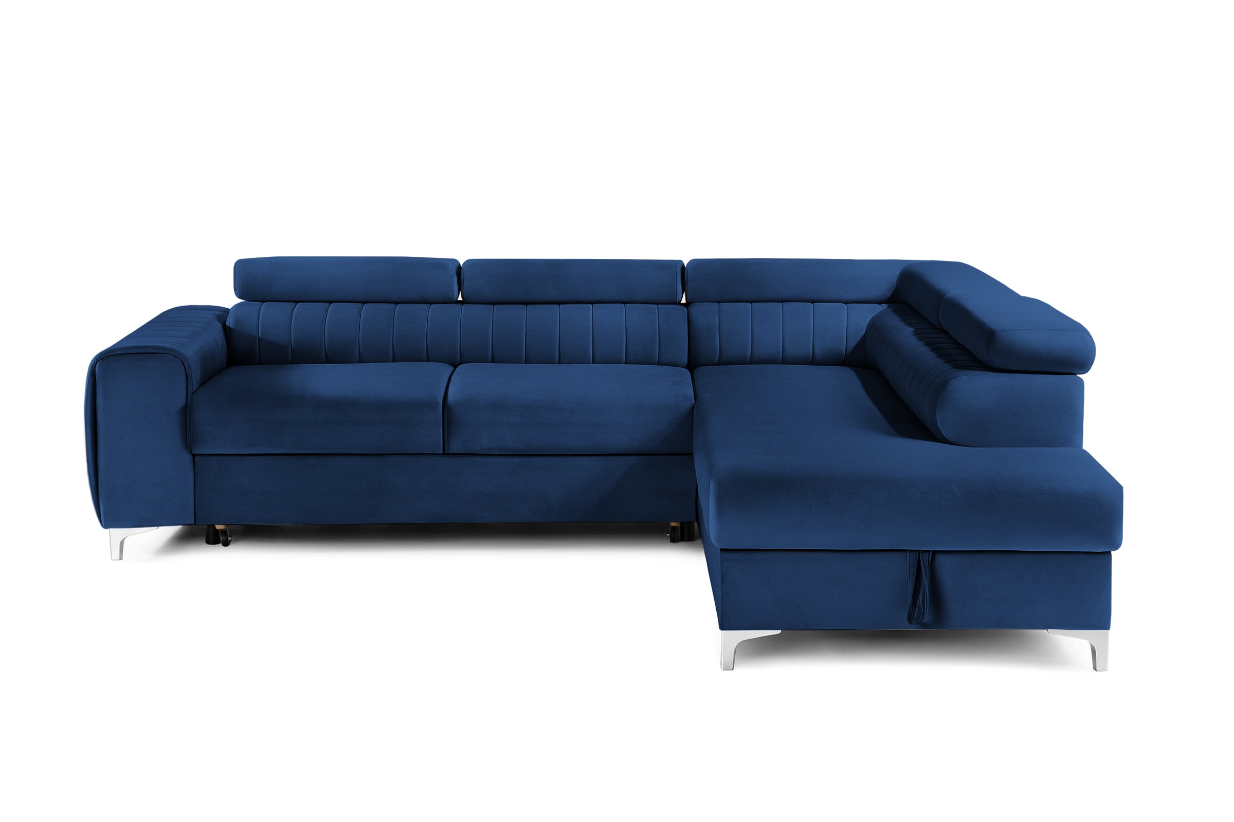 Colțar Extensibil TIME, cu lada depozitare, tetiere reglabile, 285x220x95 cm, #color_Albastru-Velluto