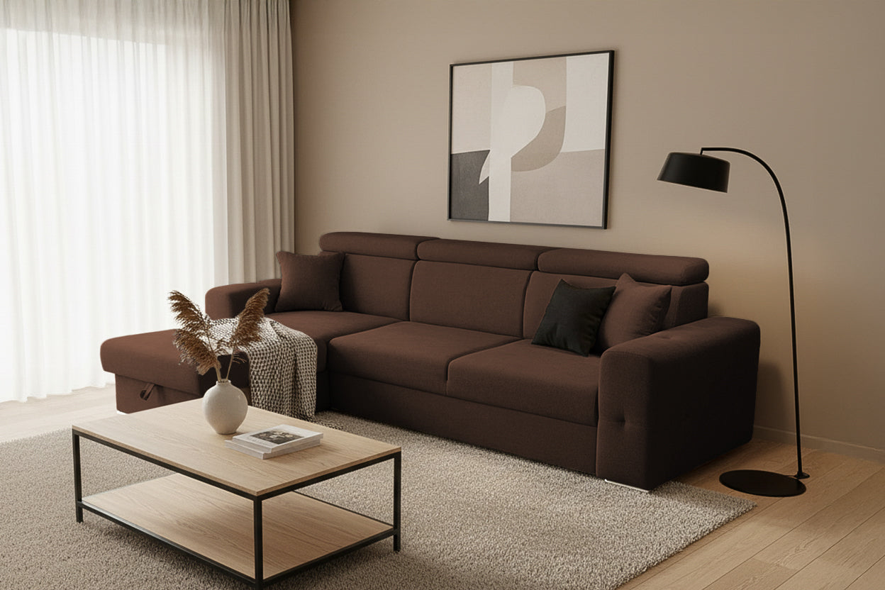 Coltar Extensibil BELLAGIO, sezlong interschimbabil, cu lada de depozitare, cu tetiere, 275x170x85 cm - Prestigehome.ro - Coltare - Prestige - #color_maro-enjoy