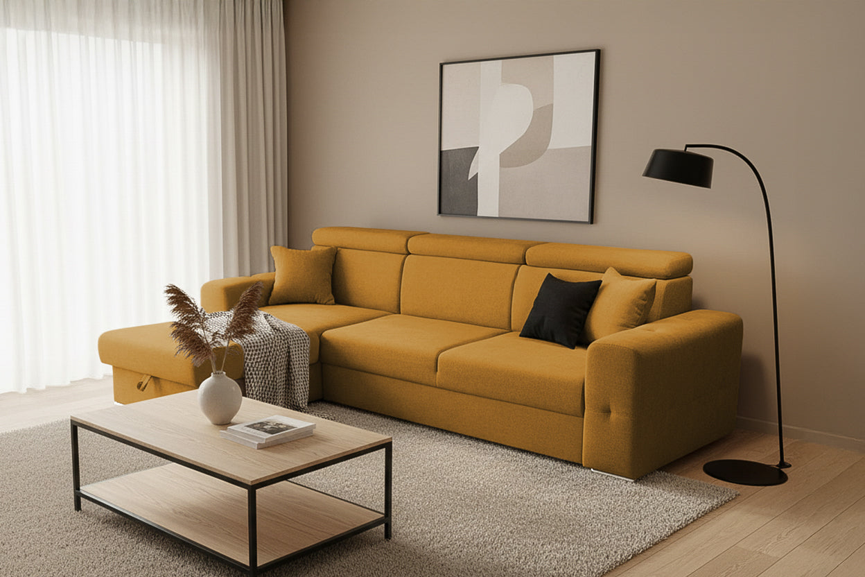 Coltar Extensibil BELLAGIO, sezlong interschimbabil, cu lada de depozitare, cu tetiere, 275x170x85 cm - Prestigehome.ro - Coltare - Prestige - #color_Mango-Enjoy