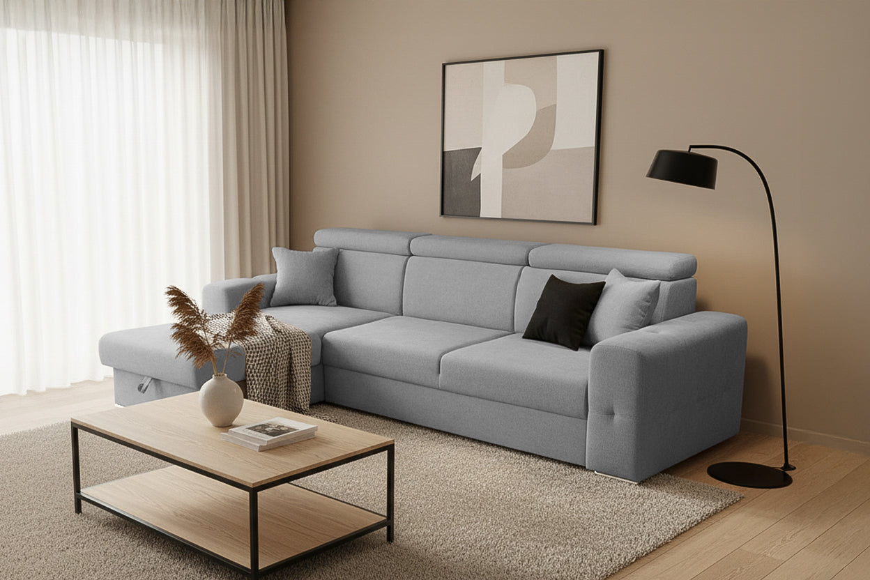 Coltar Extensibil BELLAGIO, sezlong interschimbabil, cu lada de depozitare, cu tetiere, 275x170x85 cm - Prestigehome.ro - Coltare - Prestige - #color_Gri-Deschis-Enjoy