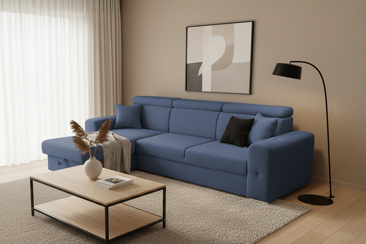 Coltar Extensibil BELLAGIO, sezlong interschimbabil, cu lada de depozitare, cu tetiere, 275x170x85 cm - Prestigehome.ro - Coltare - Prestige - #color_Albastru-Inchis-Enjoy