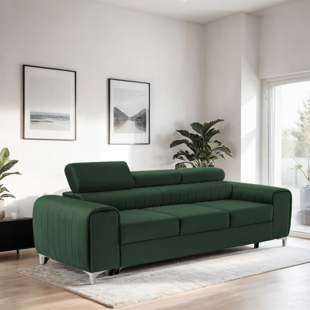 Canapea Extensibilă 3 locuri TIME, cu tetiere reglabile, cu suport lombar, 255x97x94 cm #color_Verde-Padure-Velluto