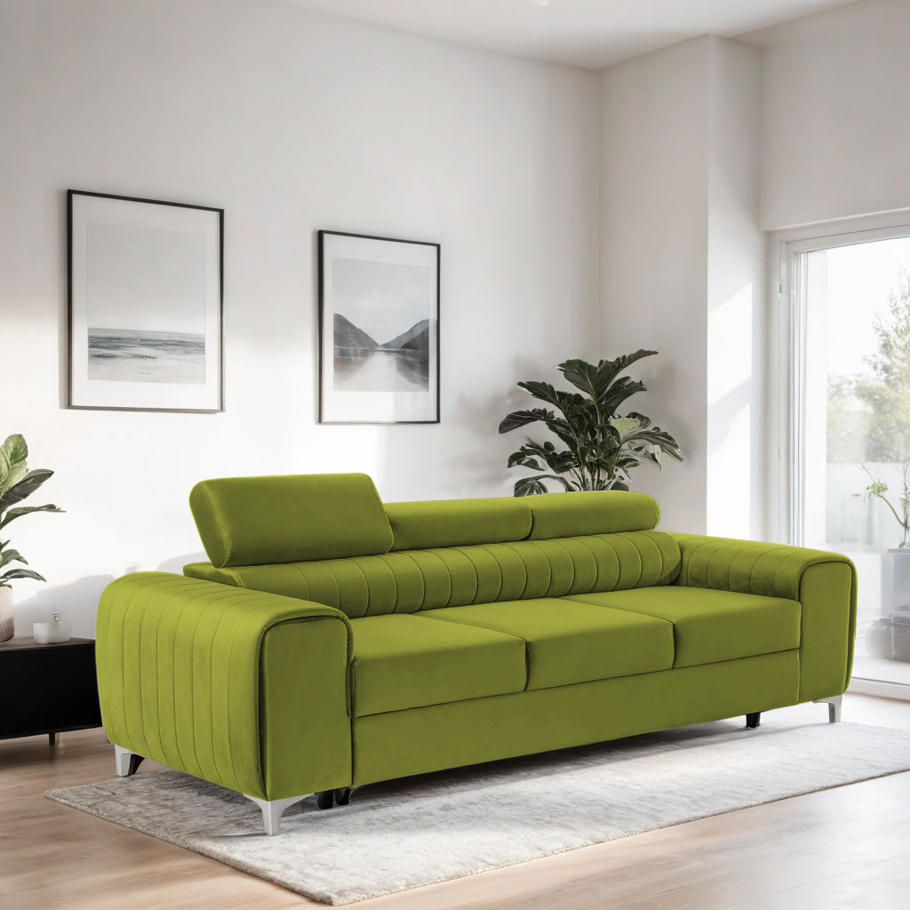 Canapea Extensibilă 3 locuri TIME, cu tetiere reglabile, cu suport lombar, 255x97x94 cm #color_Verde-Olive-Velluto