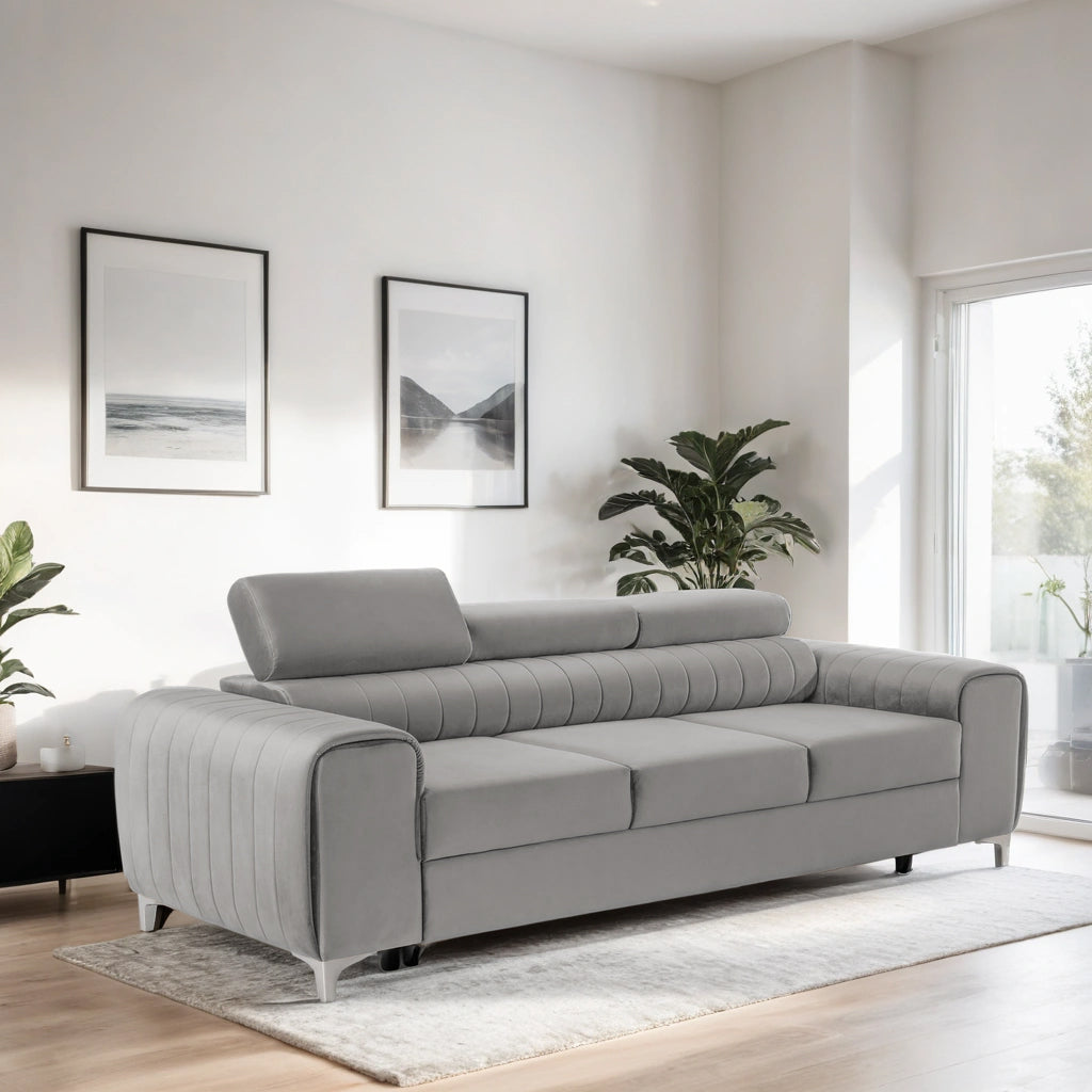 Canapea Extensibilă 3 locuri TIME, cu tetiere reglabile, cu suport lombar, 255x97x94 cm #color_Gri-Silver-Velluto