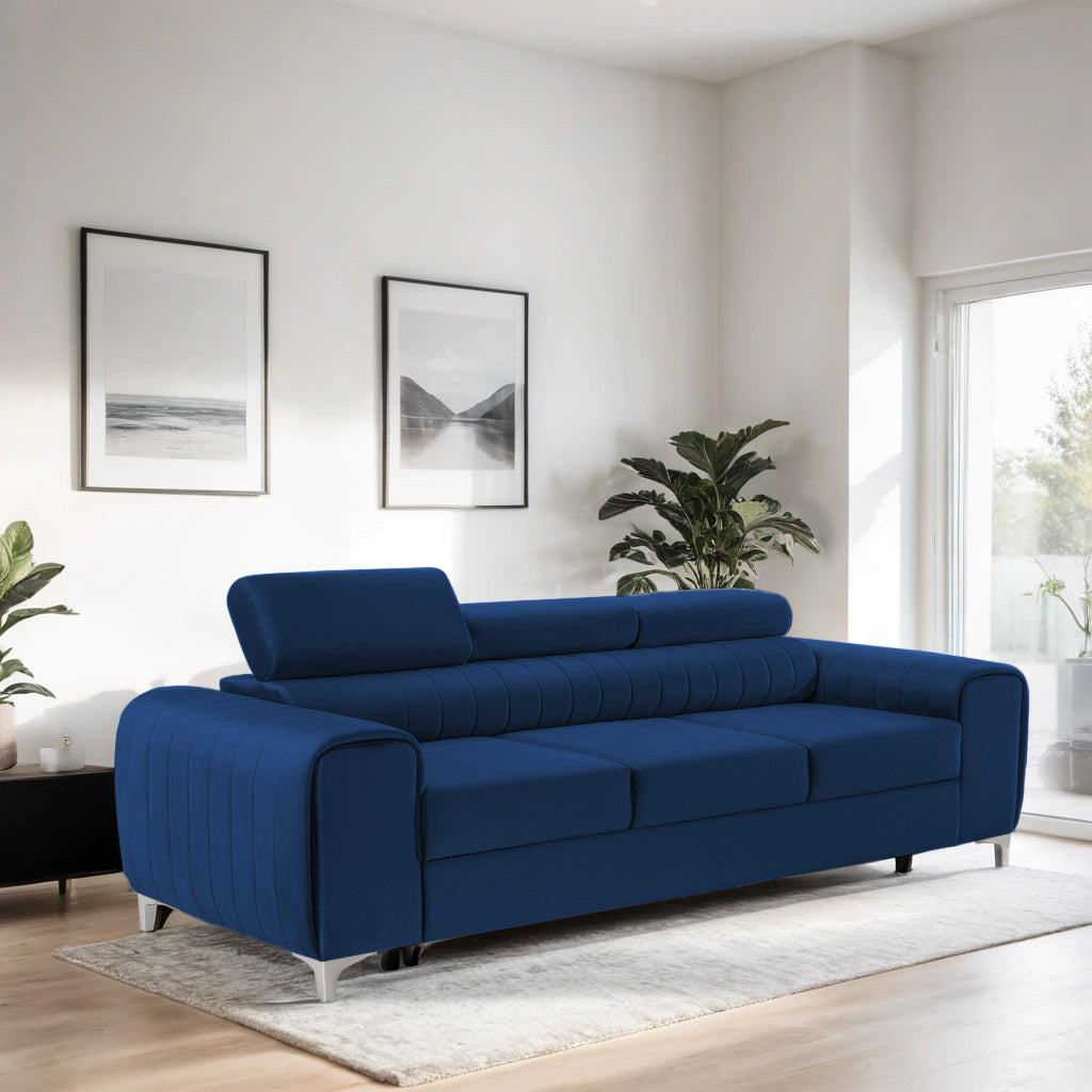 Canapea Extensibilă 3 locuri TIME, cu tetiere reglabile, cu suport lombar, 255x97x94 cm #color_Albastru-Velluto