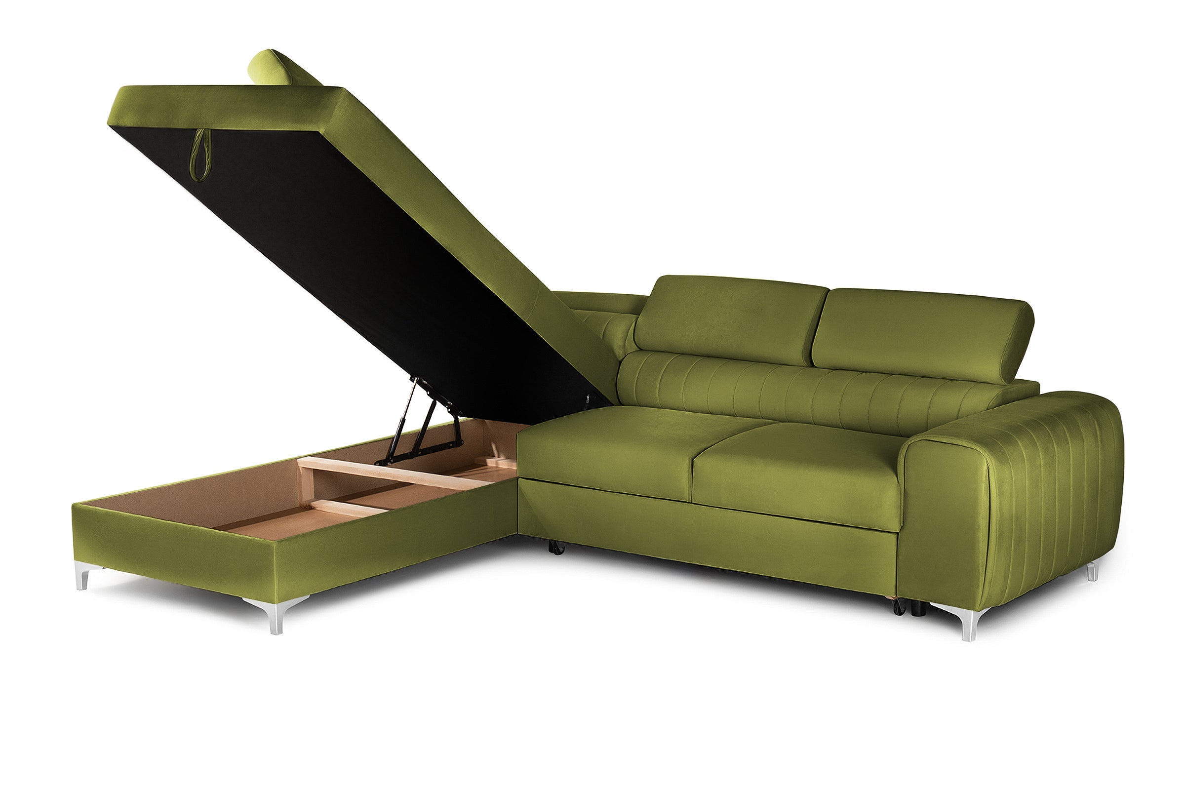 Colțar Extensibil TIME, cu lada depozitare, tetiere reglabile, 285x220x95 cm, #color_Verde-Olive-Velluto