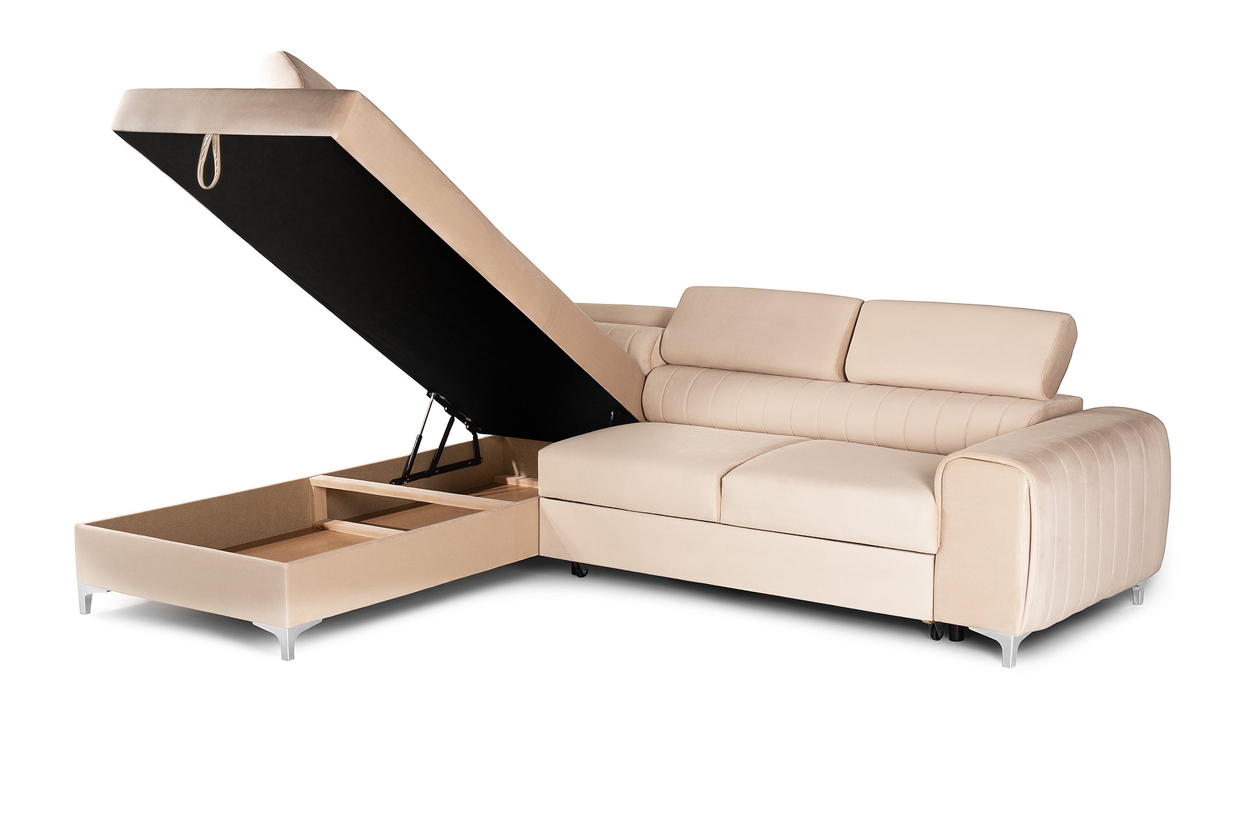 Colțar Extensibil TIME, cu lada depozitare, tetiere reglabile, 285x220x95 cm, #color_Bej-Velluto
