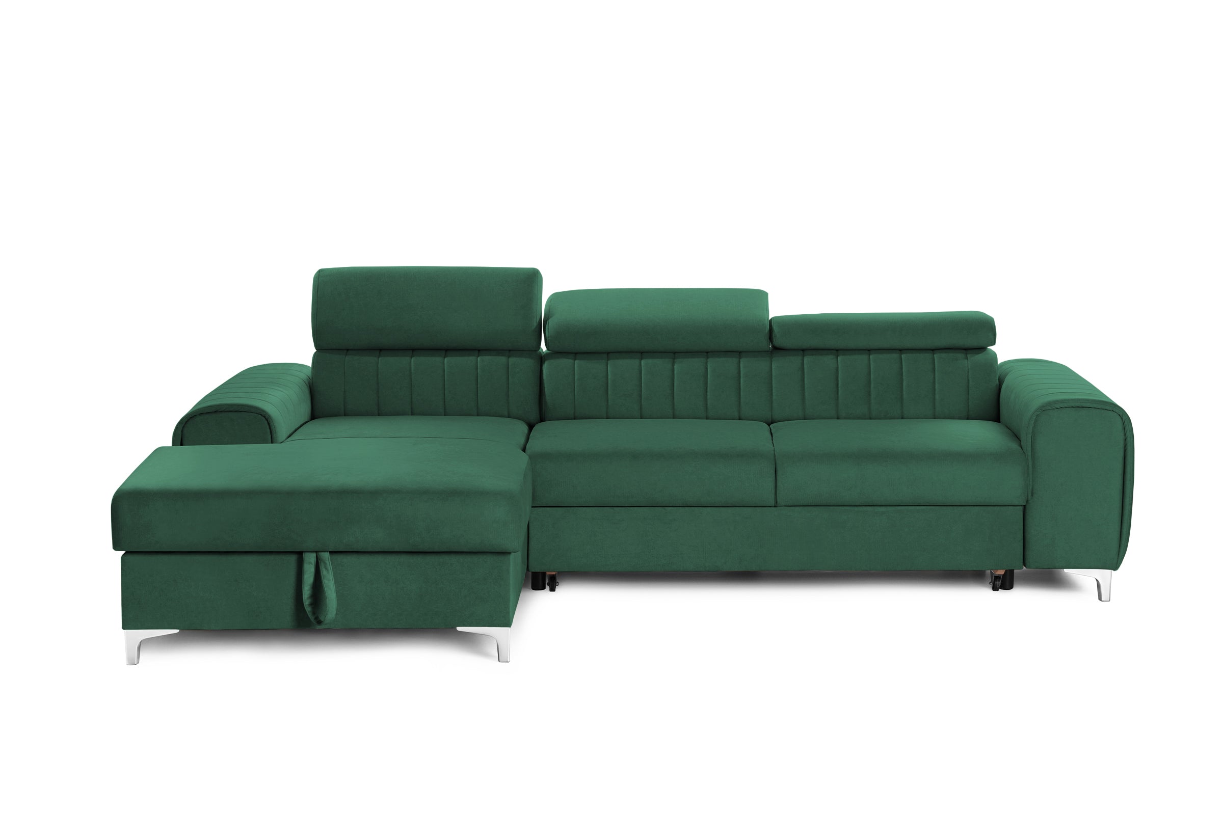 Colțar Extensibil LOFT, cu lada depozitare, tetiere reglabile, 295x170x95 cm, #color_Verde-Padure-Velluto