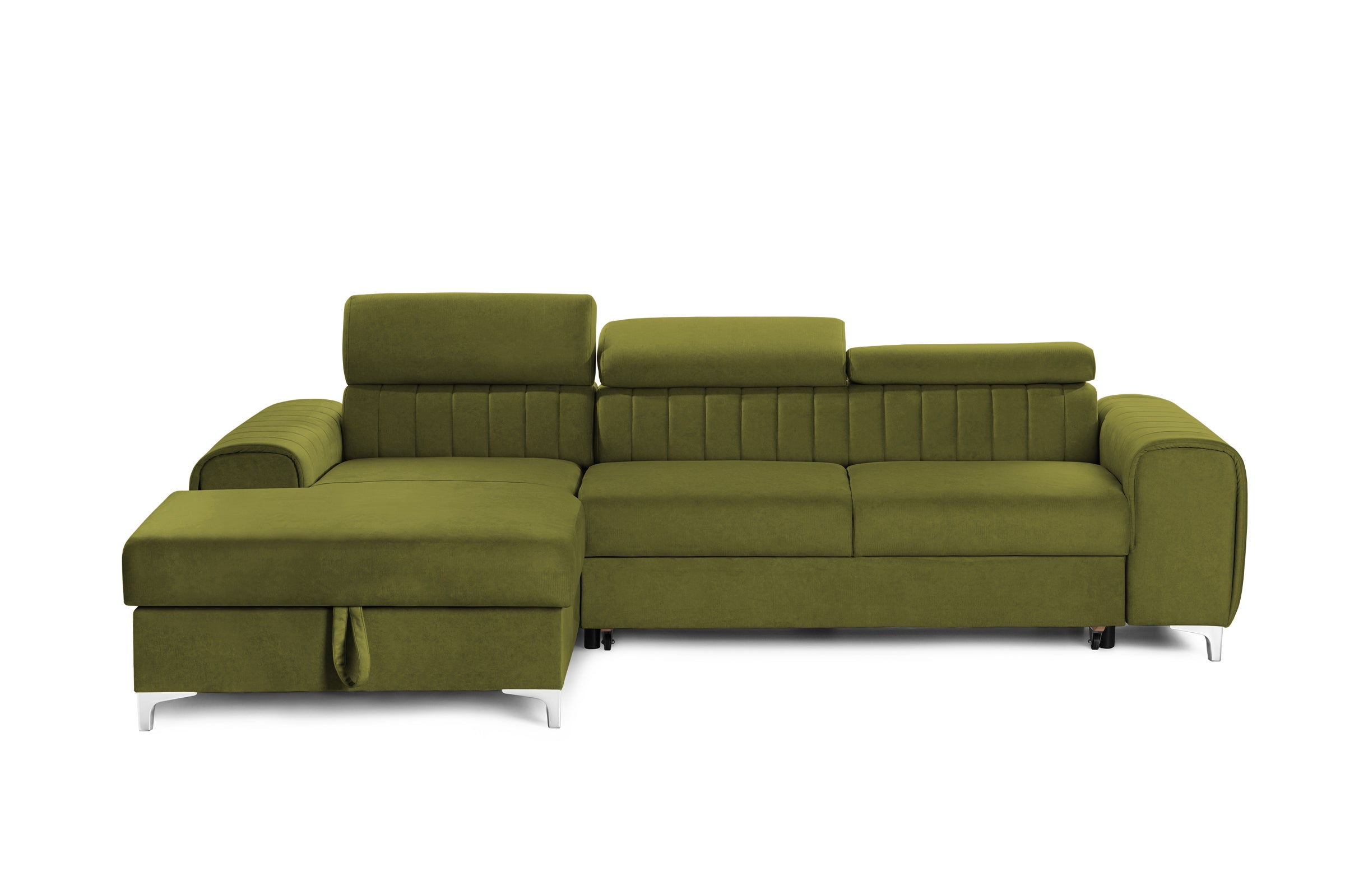 Colțar Extensibil LOFT, cu lada depozitare, tetiere reglabile, 295x170x95 cm, #color_Verde-Olive-Velluto