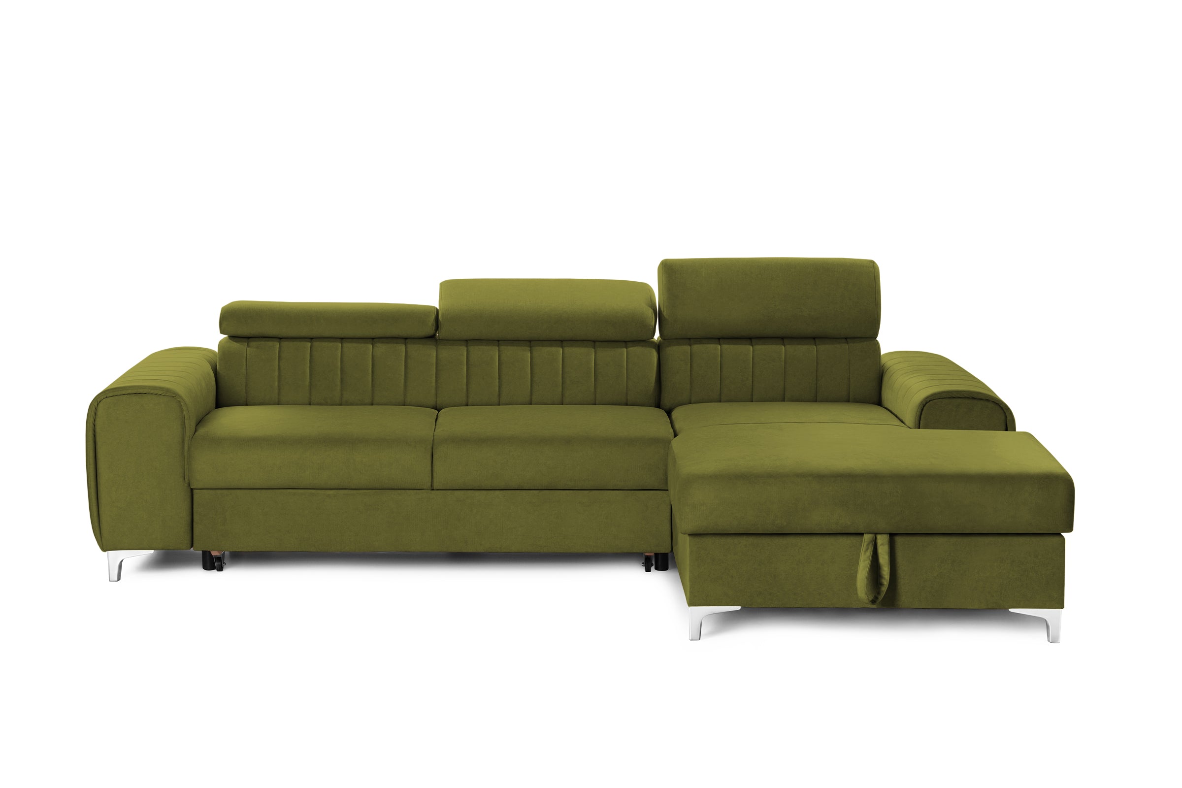 Colțar Extensibil LOFT, cu lada depozitare, tetiere reglabile, 295x170x95 cm, #color_Verde-Olive-Velluto