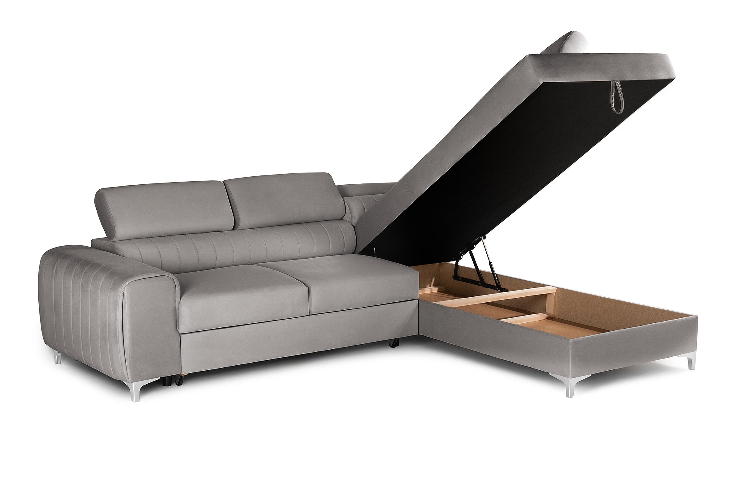 Colțar Extensibil TIME, cu lada depozitare, tetiere reglabile, 285x220x95 cm, #color_Gri-Silver-Velluto