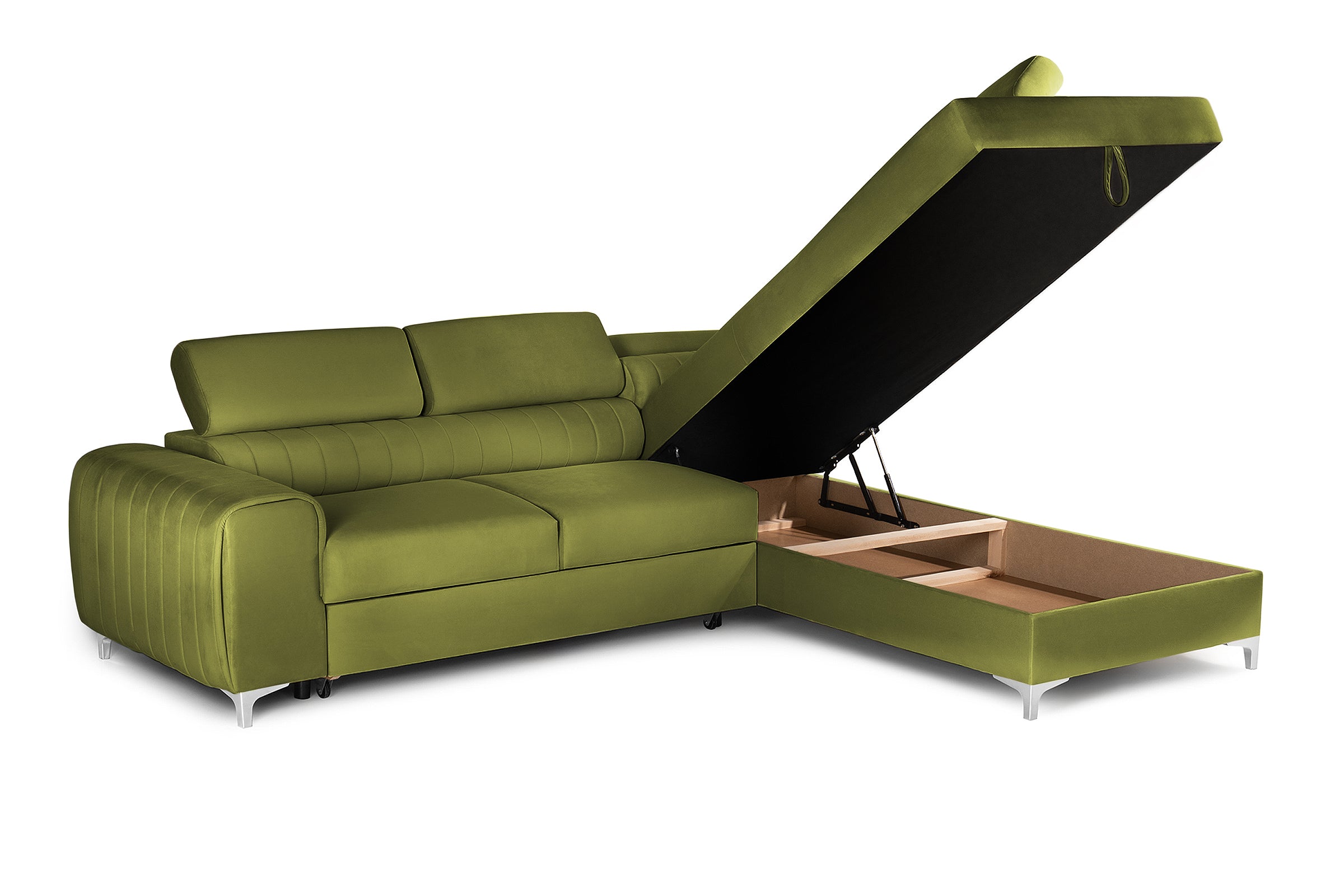 Colțar Extensibil TIME, cu lada depozitare, tetiere reglabile, 285x220x95 cm, #color_Verde-Olive-Velluto