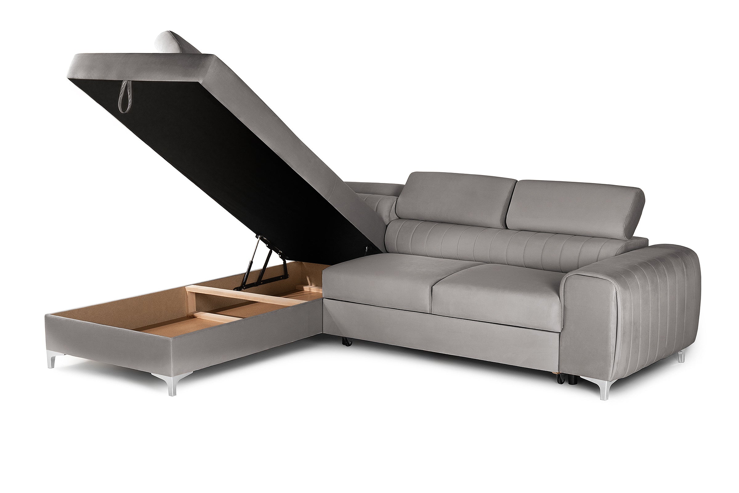 Colțar Extensibil TIME, cu lada depozitare, tetiere reglabile, 285x220x95 cm, #color_Gri-Silver-Velluto