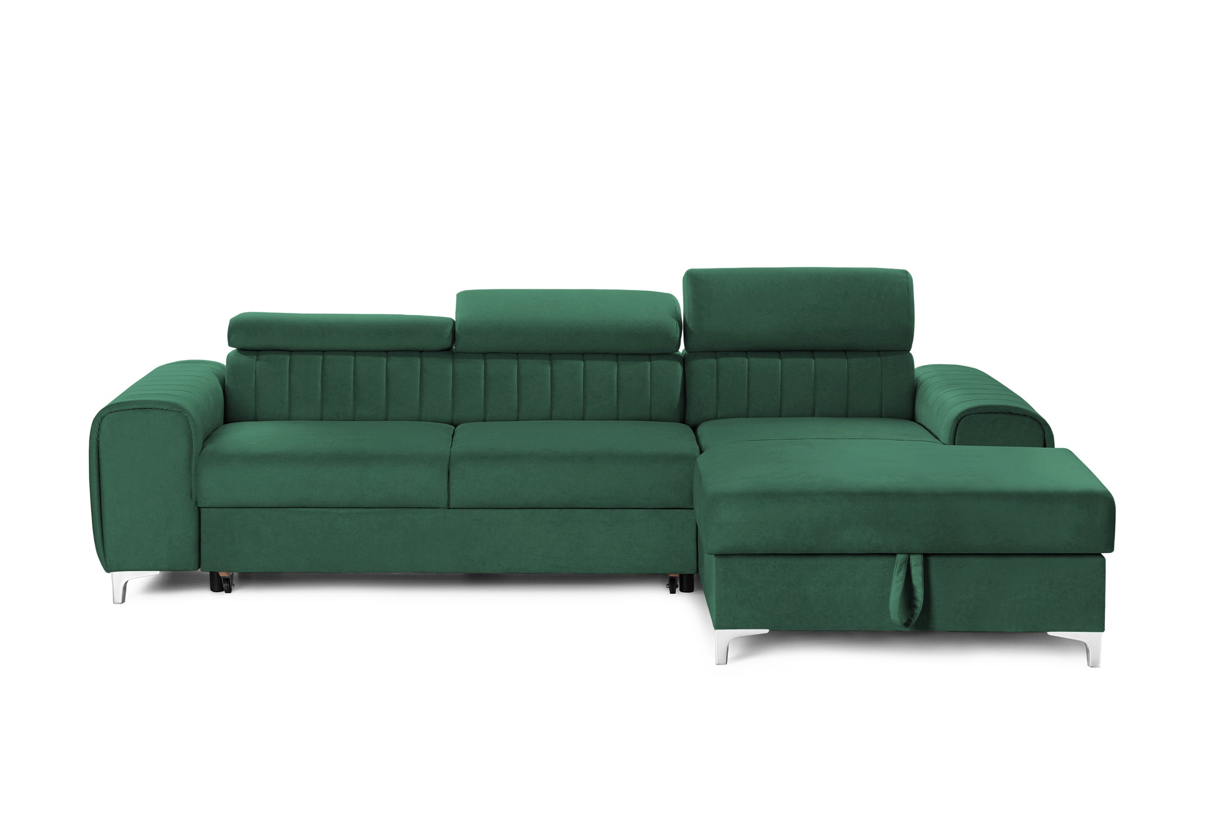 Colțar Extensibil LOFT, cu lada depozitare, tetiere reglabile, 295x170x95 cm, #color_Verde-Padure-Velluto