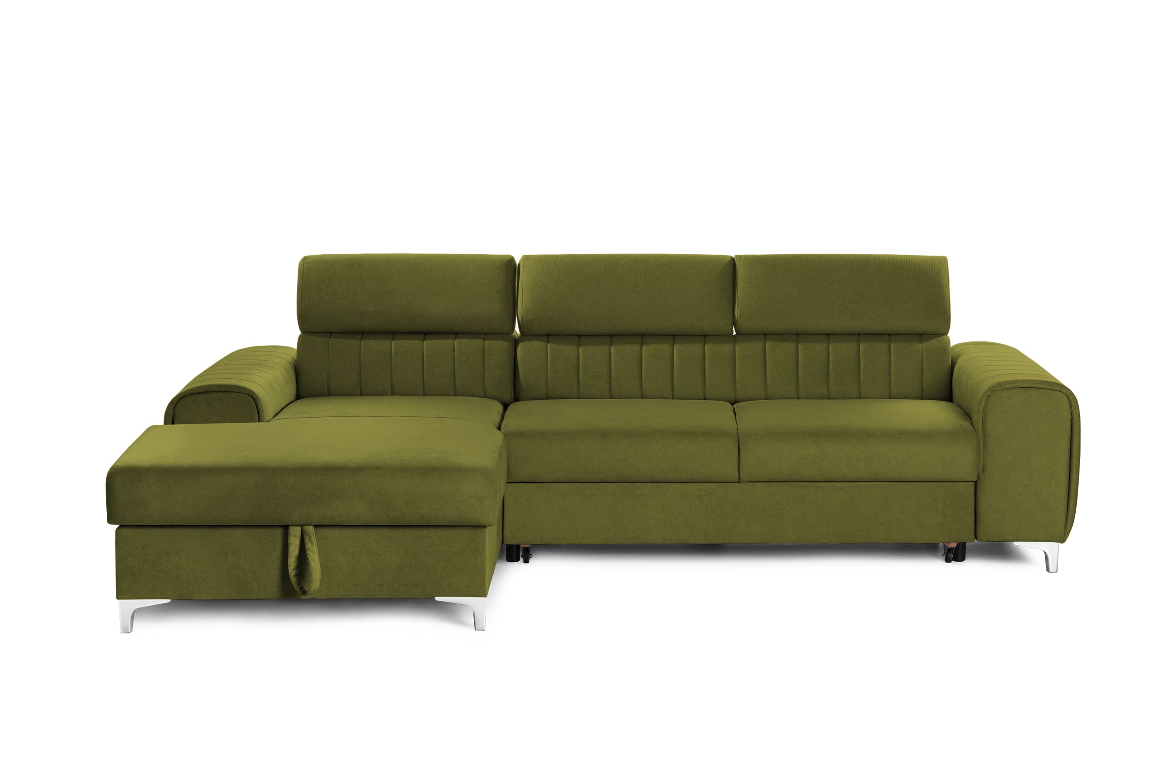 Colțar Extensibil LOFT, cu lada depozitare, tetiere reglabile, 295x170x95 cm, #color_Verde-Olive-Velluto