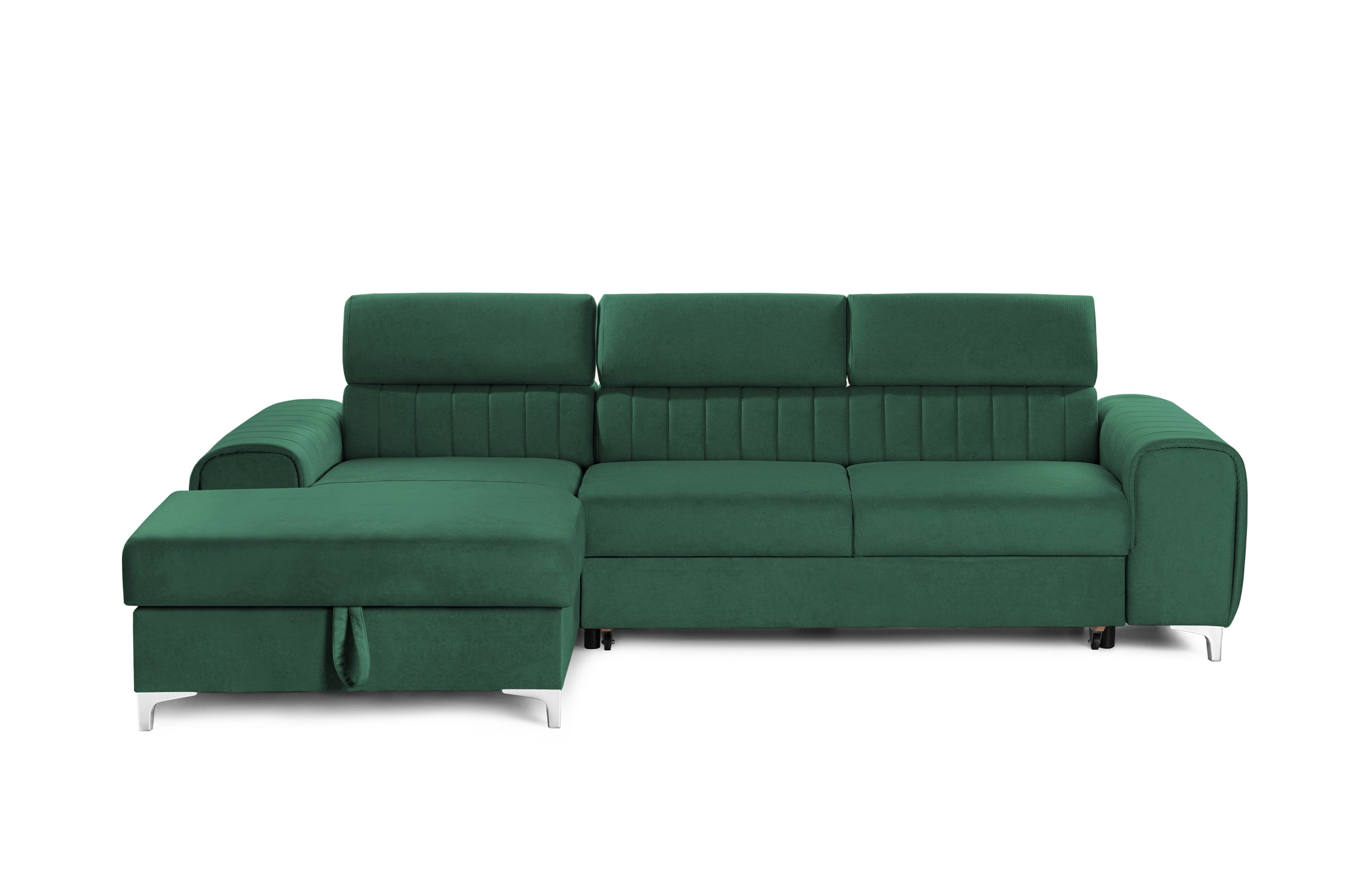 Colțar Extensibil LOFT, cu lada depozitare, tetiere reglabile, 295x170x95 cm, #color_Verde-Padure-Velluto
