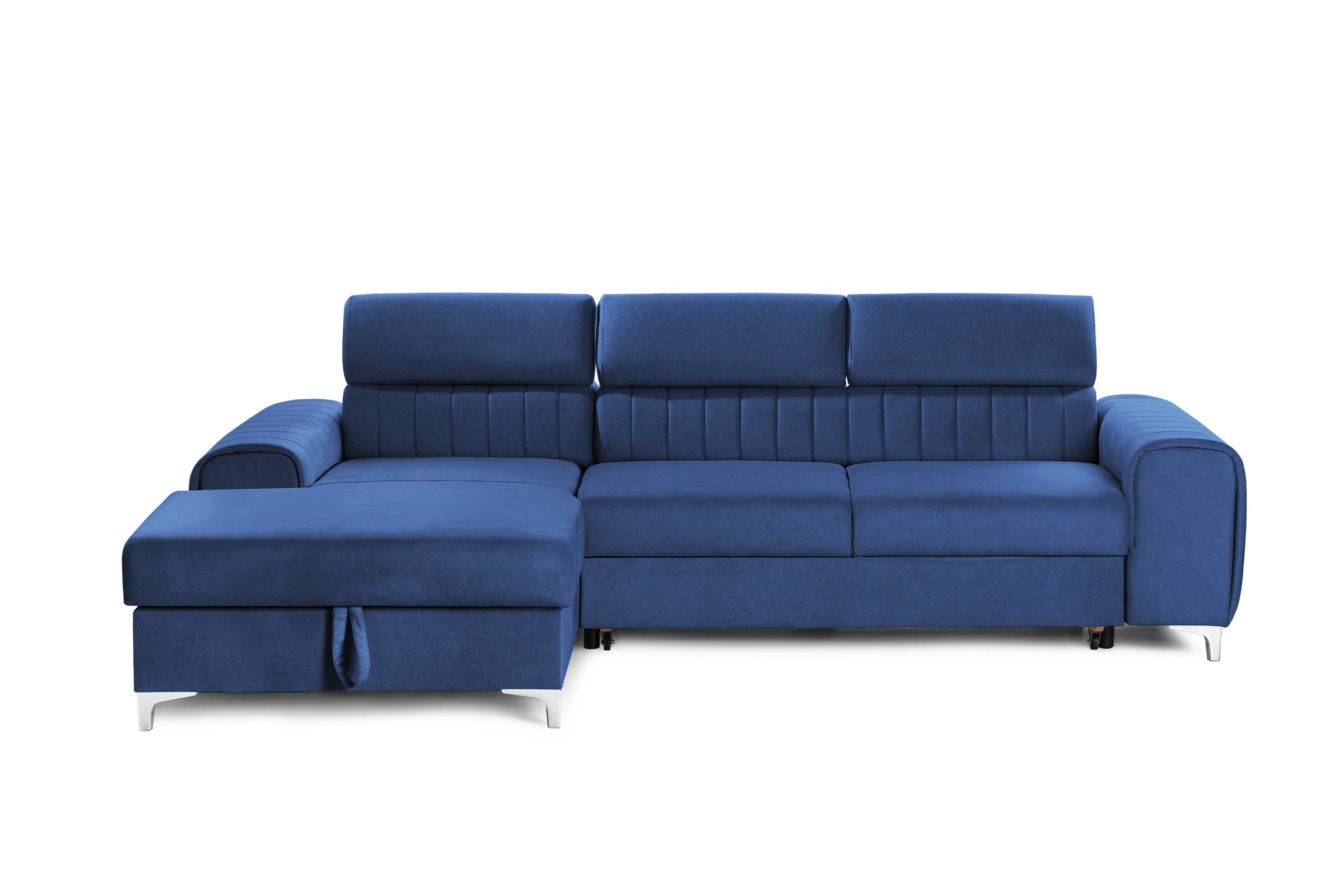 Colțar Extensibil LOFT, cu lada depozitare, tetiere reglabile, 295x170x95 cm, #color_Albastru-Velluto