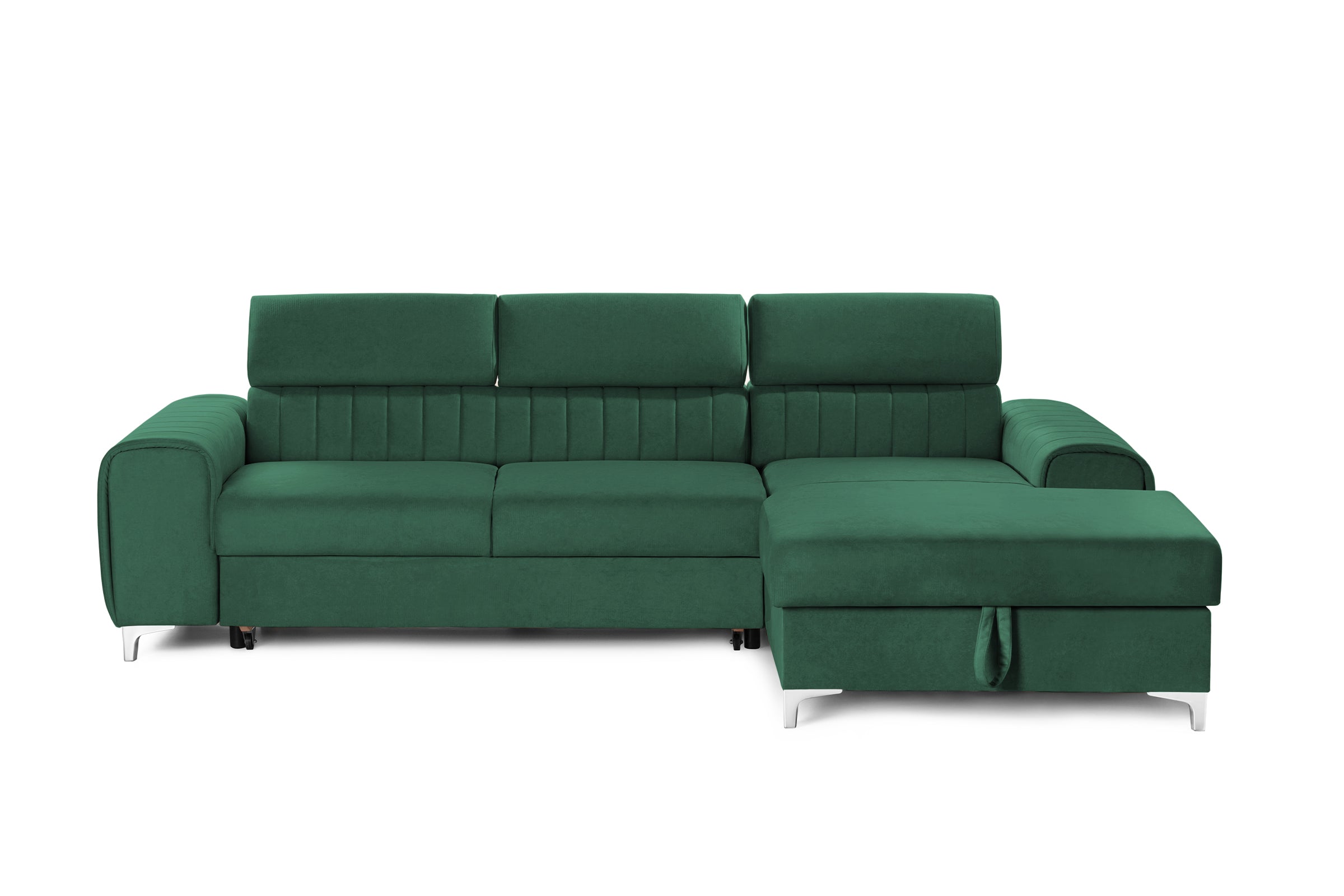 Colțar Extensibil LOFT, cu lada depozitare, tetiere reglabile, 295x170x95 cm, #color_Verde-Padure-Velluto