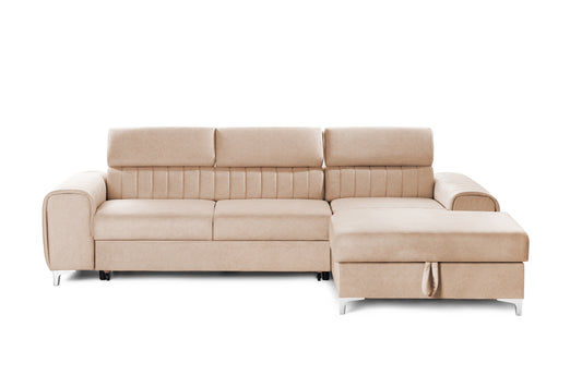 Colțar Extensibil LOFT, cu lada depozitare, tetiere reglabile, 295x170x95 cm, #color_Bej-Velluto