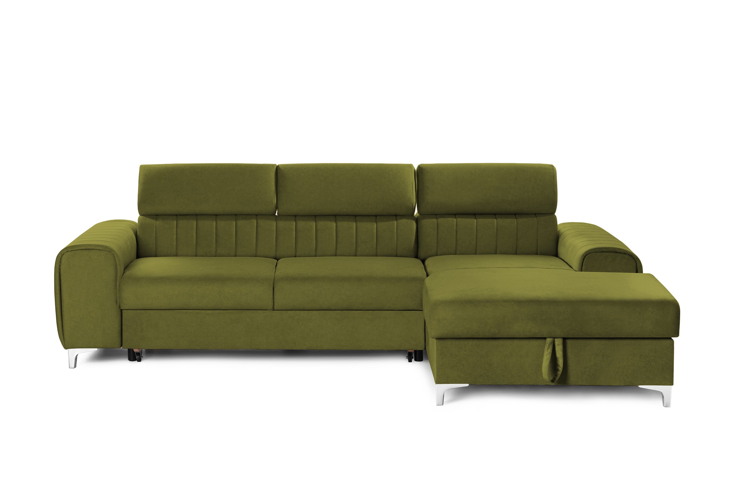 Colțar Extensibil LOFT, cu lada depozitare, tetiere reglabile, 295x170x95 cm, #color_Verde-Olive-Velluto