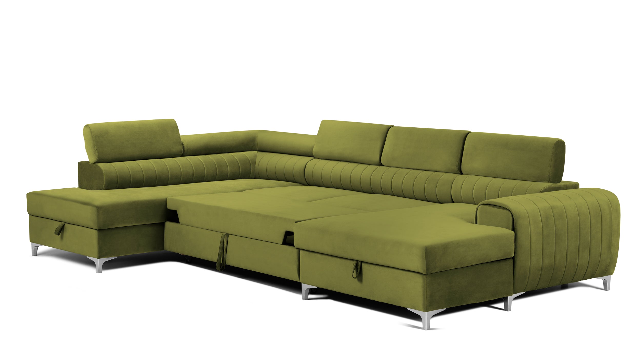 Colțar Extensibil, în formă de U, TIME, cu 2 lăzi de depozitare, cu tetiere reglabile, 360x220x95 cm #color_Verde-Olive-Velluto