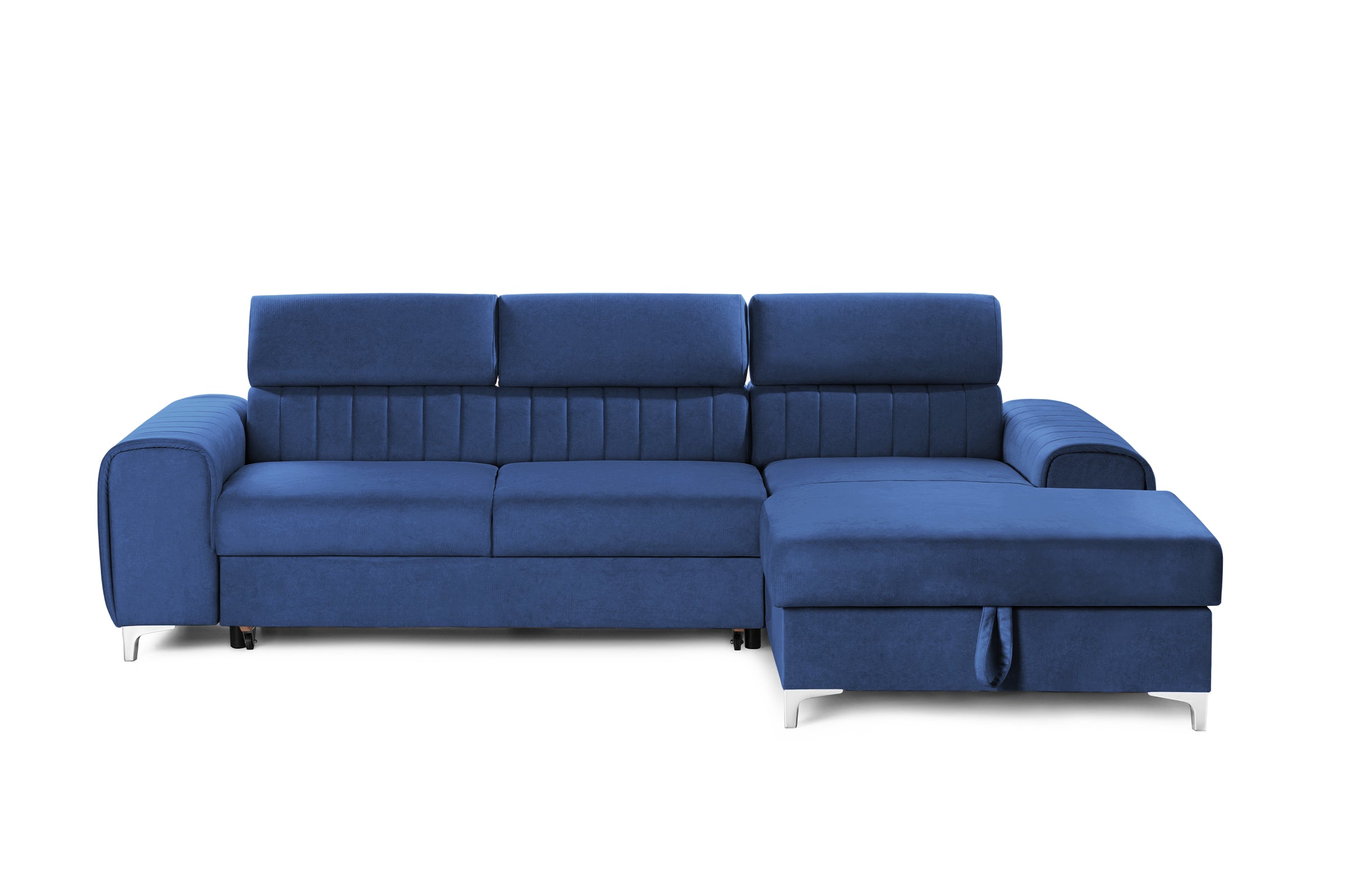 Colțar Extensibil LOFT, cu lada depozitare, tetiere reglabile, 295x170x95 cm, #color_Albastru-Velluto